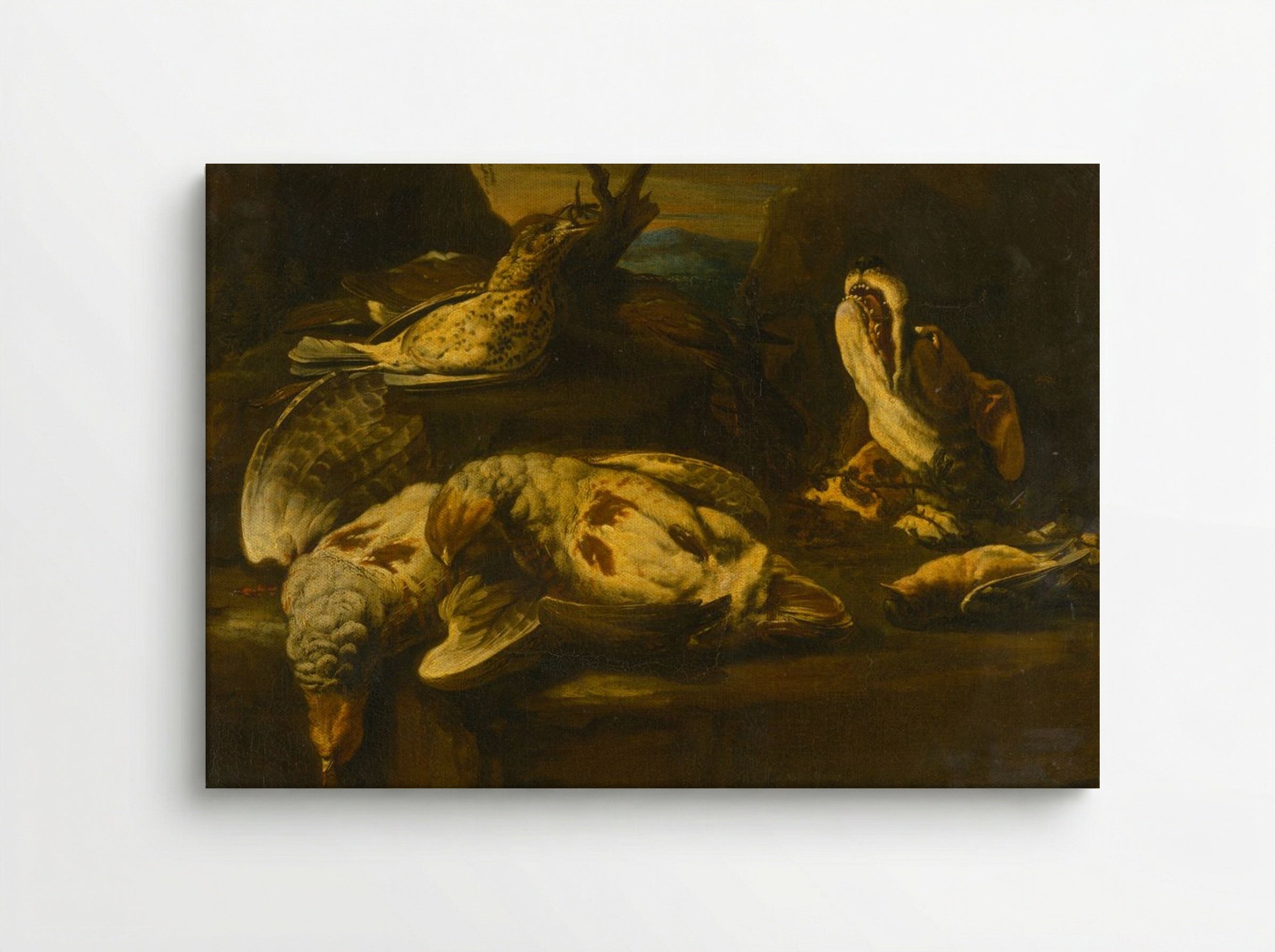 Hunting Still Life with Birds and Dog - Fine Art Print - Canvas