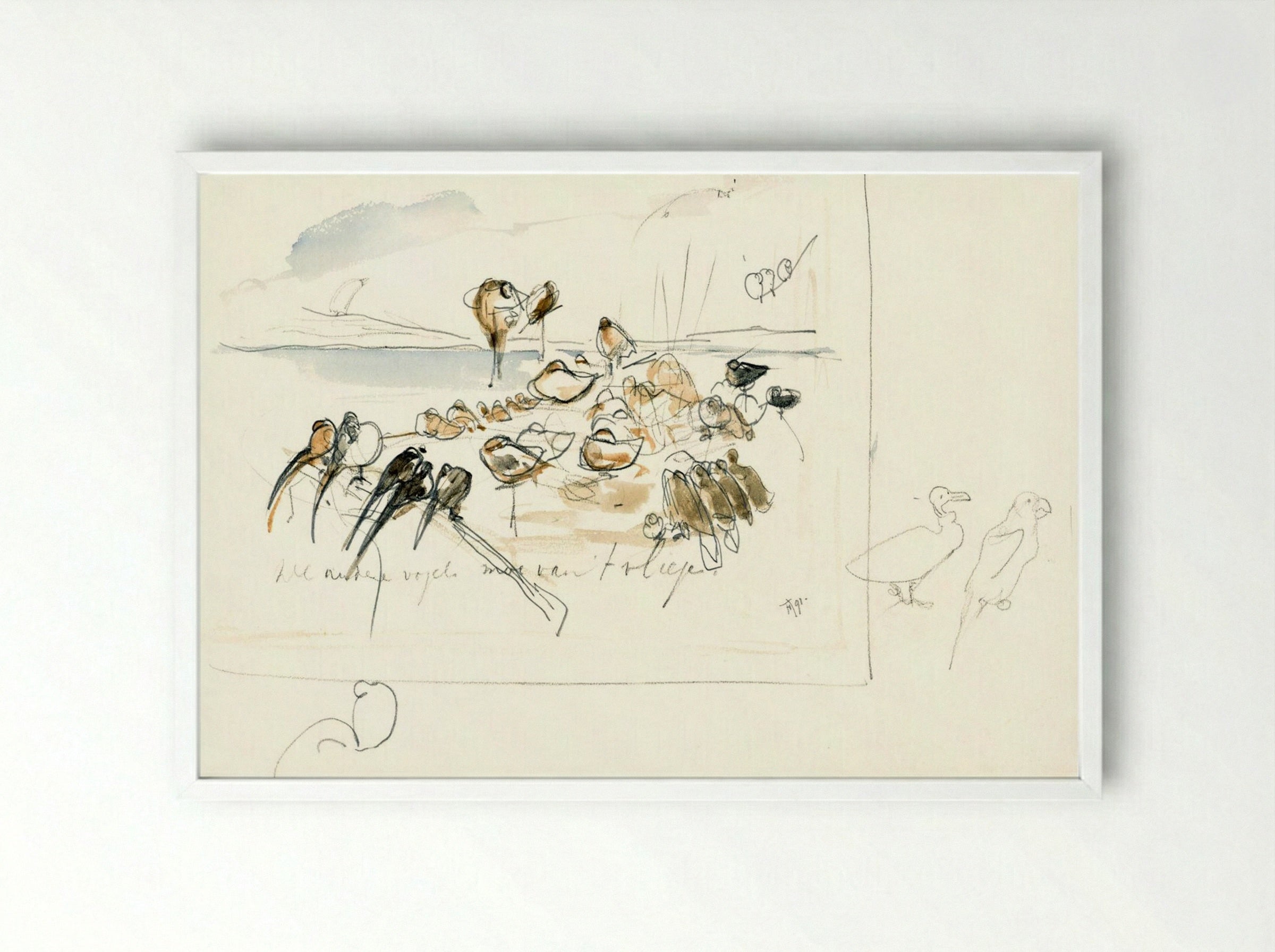 Study for Illustration in 'Hoe de vogels aan een koning kwamen' - Theo van Hoytema - Framed Print White