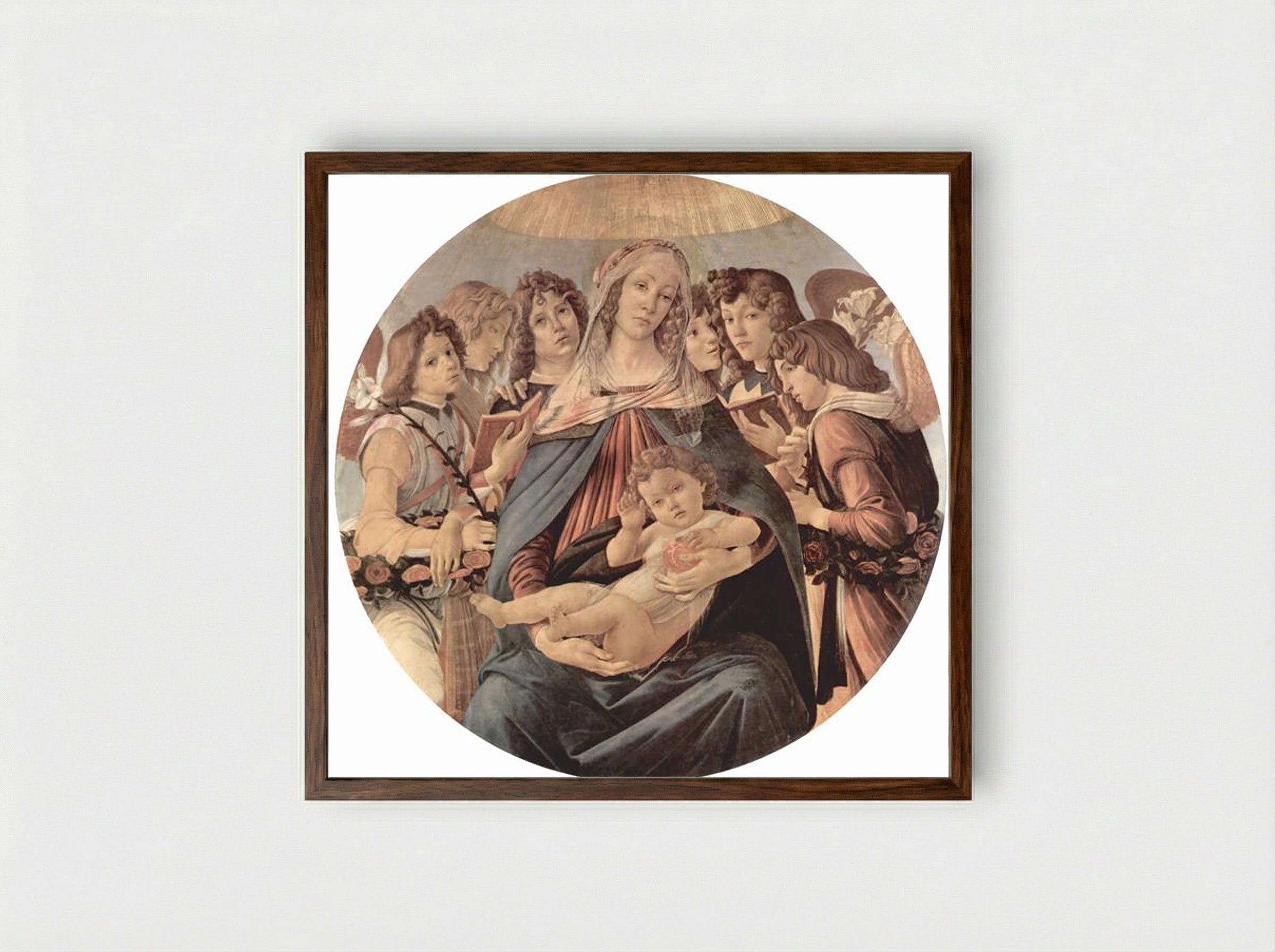 The Virgin Adoring the Child - Sandro Botticelli - Framed Print Dark Wood