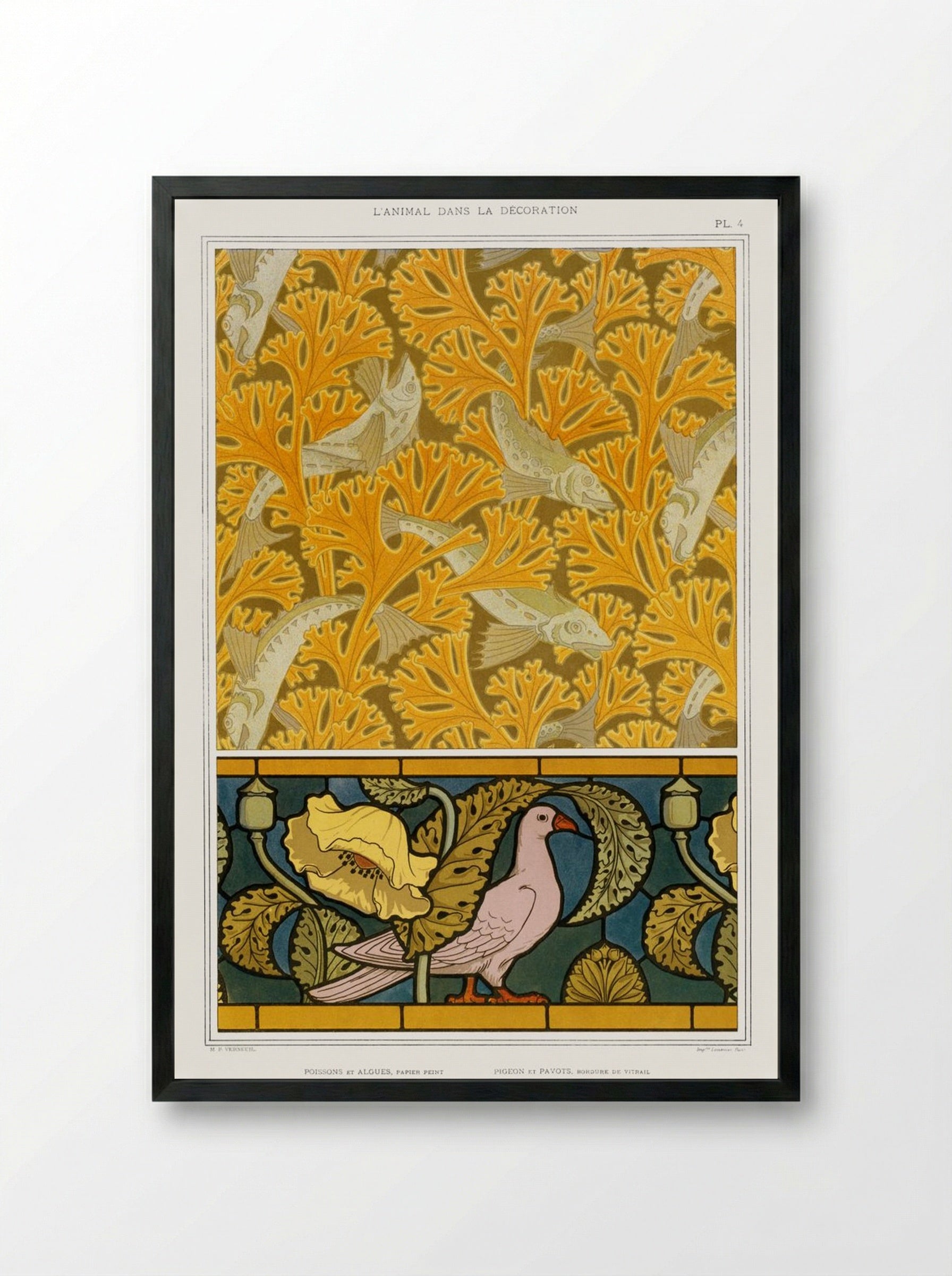 Poisson et Algues, Papier Peint; Pigeon et Pavots, Bordure de Vitrail - Maurice Pillard Verneuil - Framed Print Black