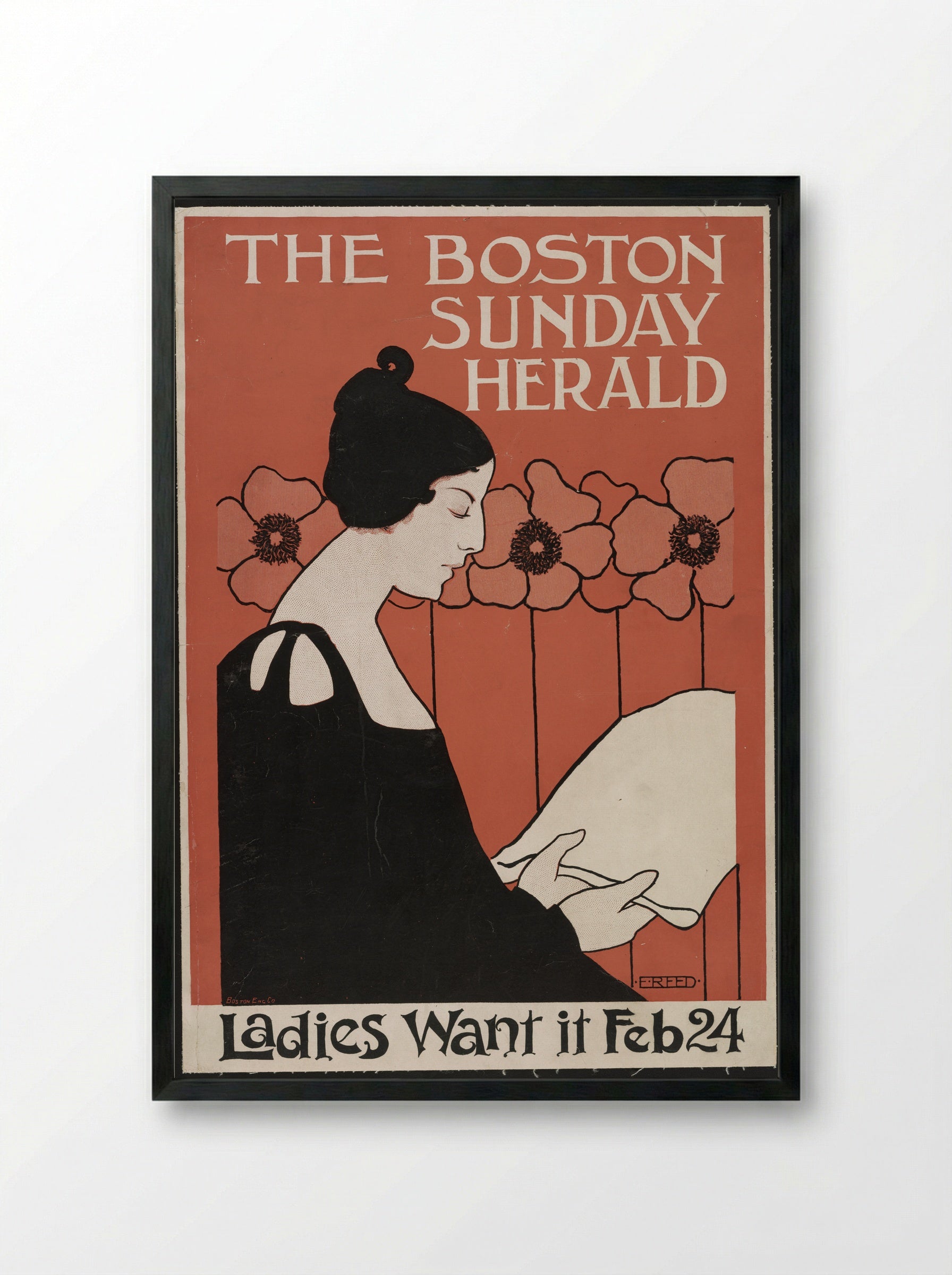 Portrait of a Woman Reading a Newspaper with Flowers - Ethel Reed - Framed Print Black