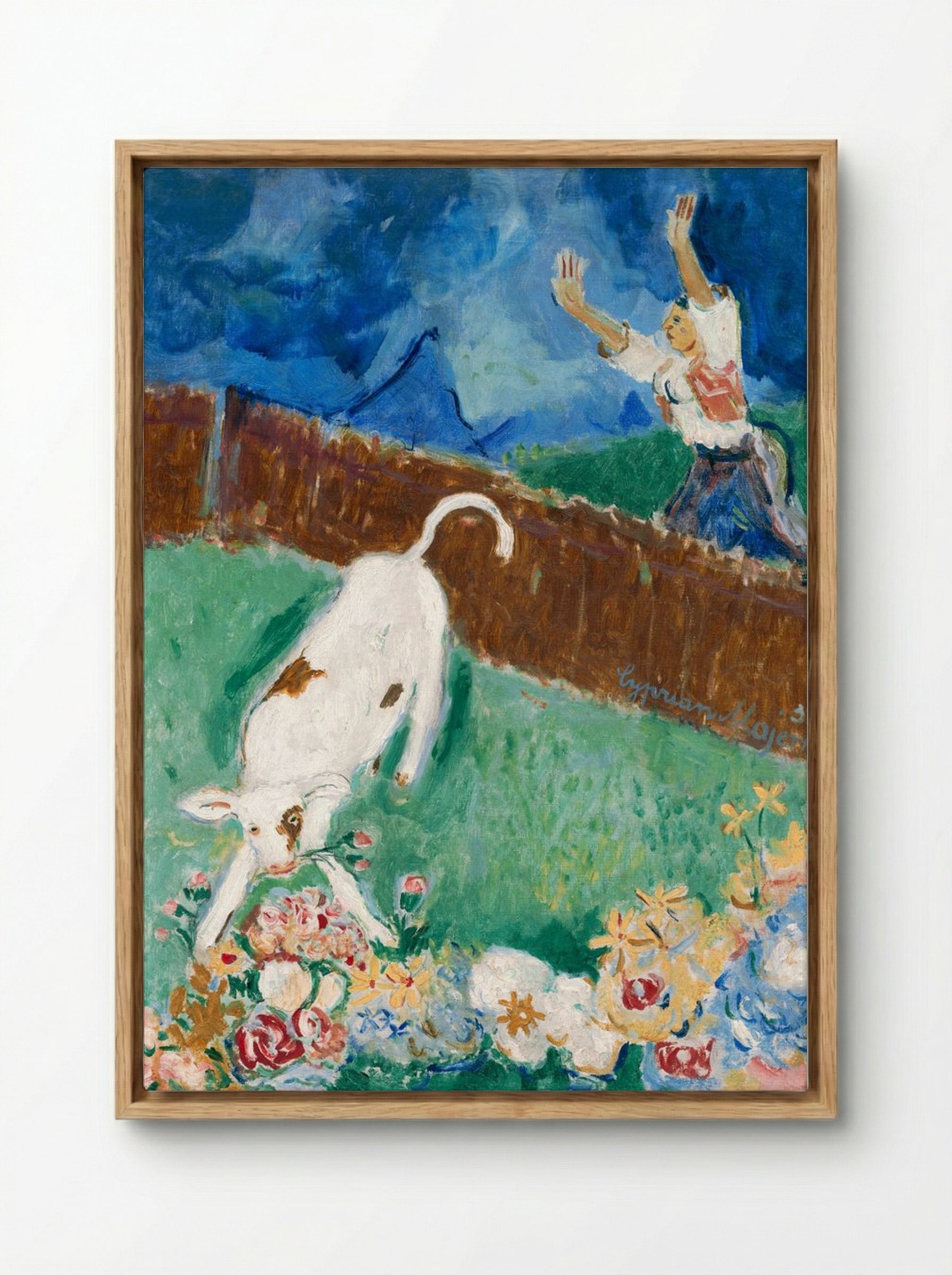 Calf in a Meadow - Cyprián Majerník - Framed Canvas Wood