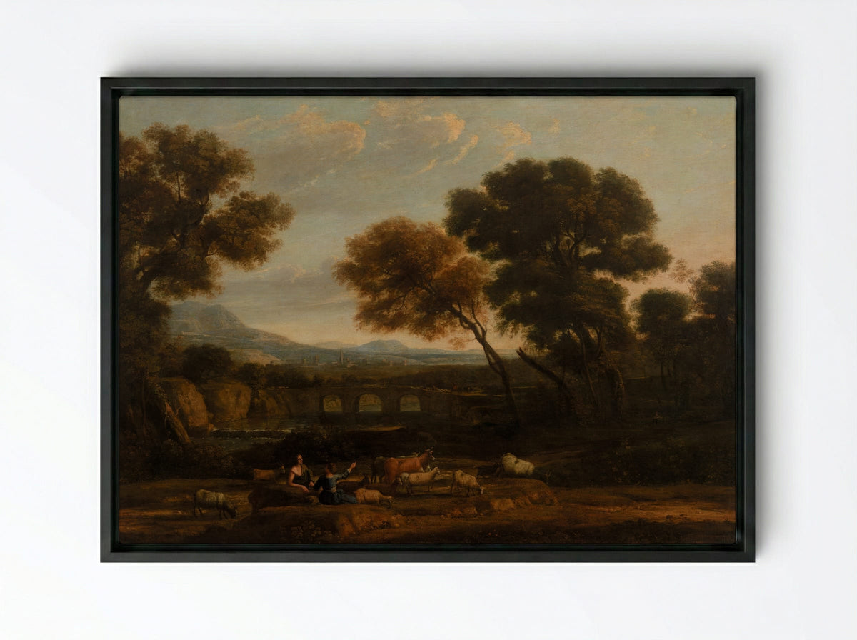 Pastoral Landscape with Bridge - Claude Lorrain - Framed Canvas Black