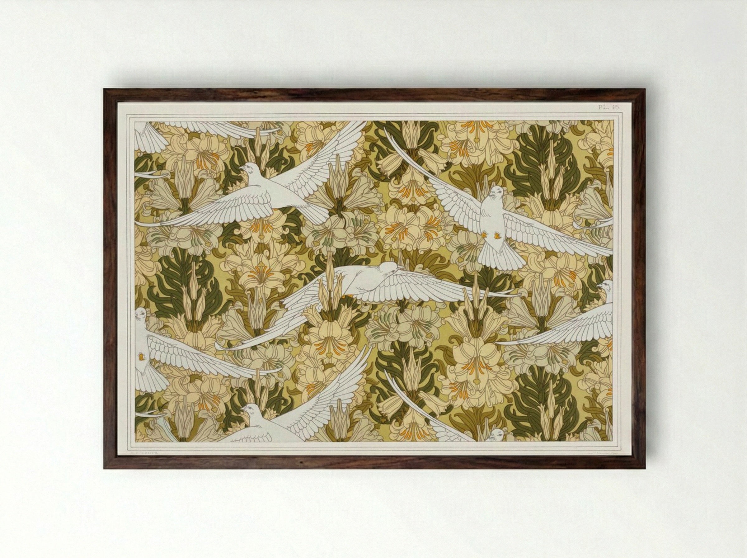 Colombes et Lis, Étoffe Imprimée (Doves and Lilies, Printed Fabric) - Maurice Pillard Verneuil - Framed Print Dark Wood