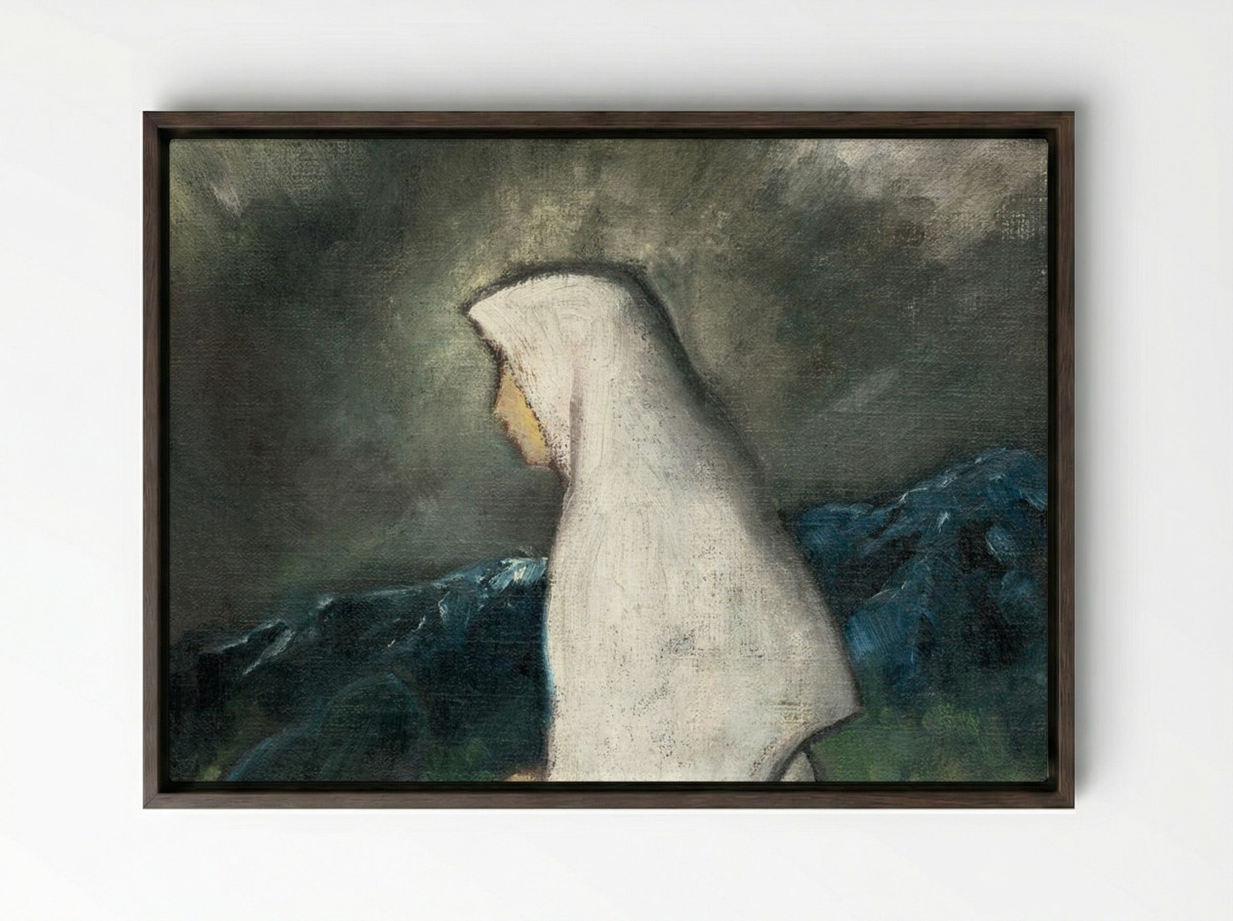 Woman in a White Shawl - Zolo Palugyay - Framed Canvas Dark Wood