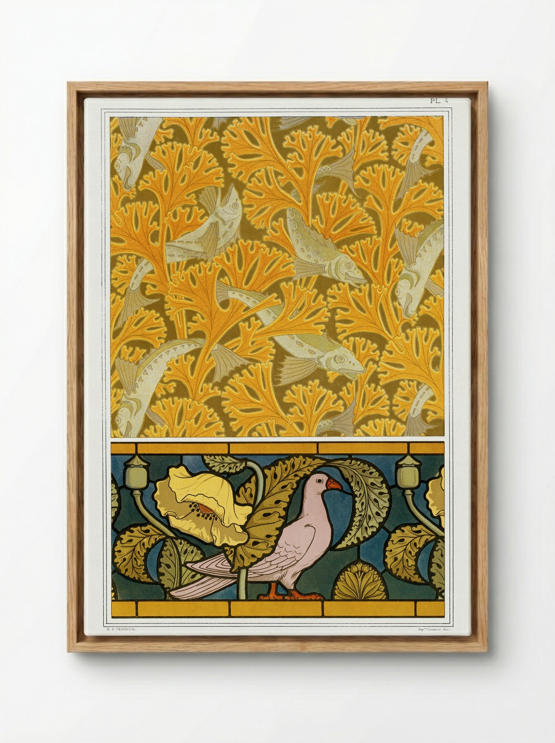 Poisson et Algues, Papier Peint / Pigeon et Pavots, Bordure de Vitrail - Maurice Pillard Verneuil - Framed Canvas Wood