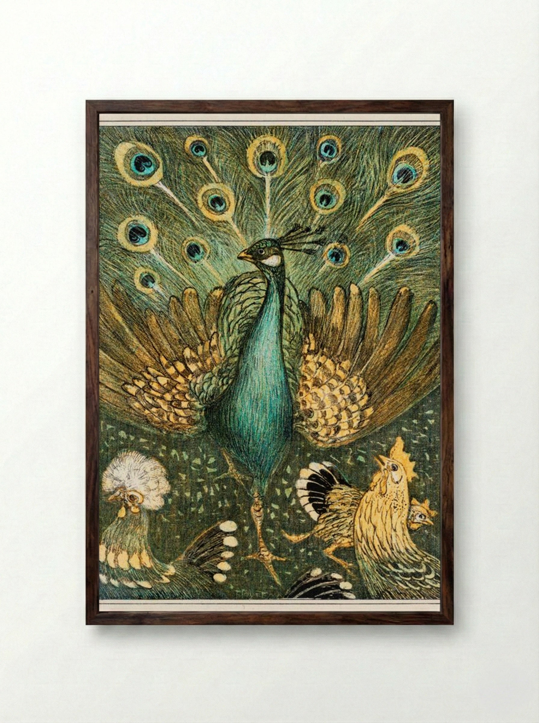 Peacock with Chickens - Theo van Hoytema - Framed Print Dark Wood