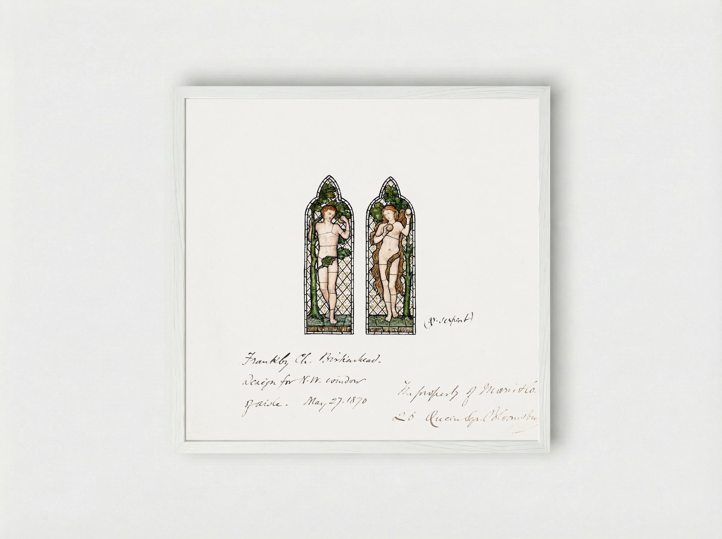 Design for Stained Glass Window: Adam and Eve - Fine Art Print - Framed Print White