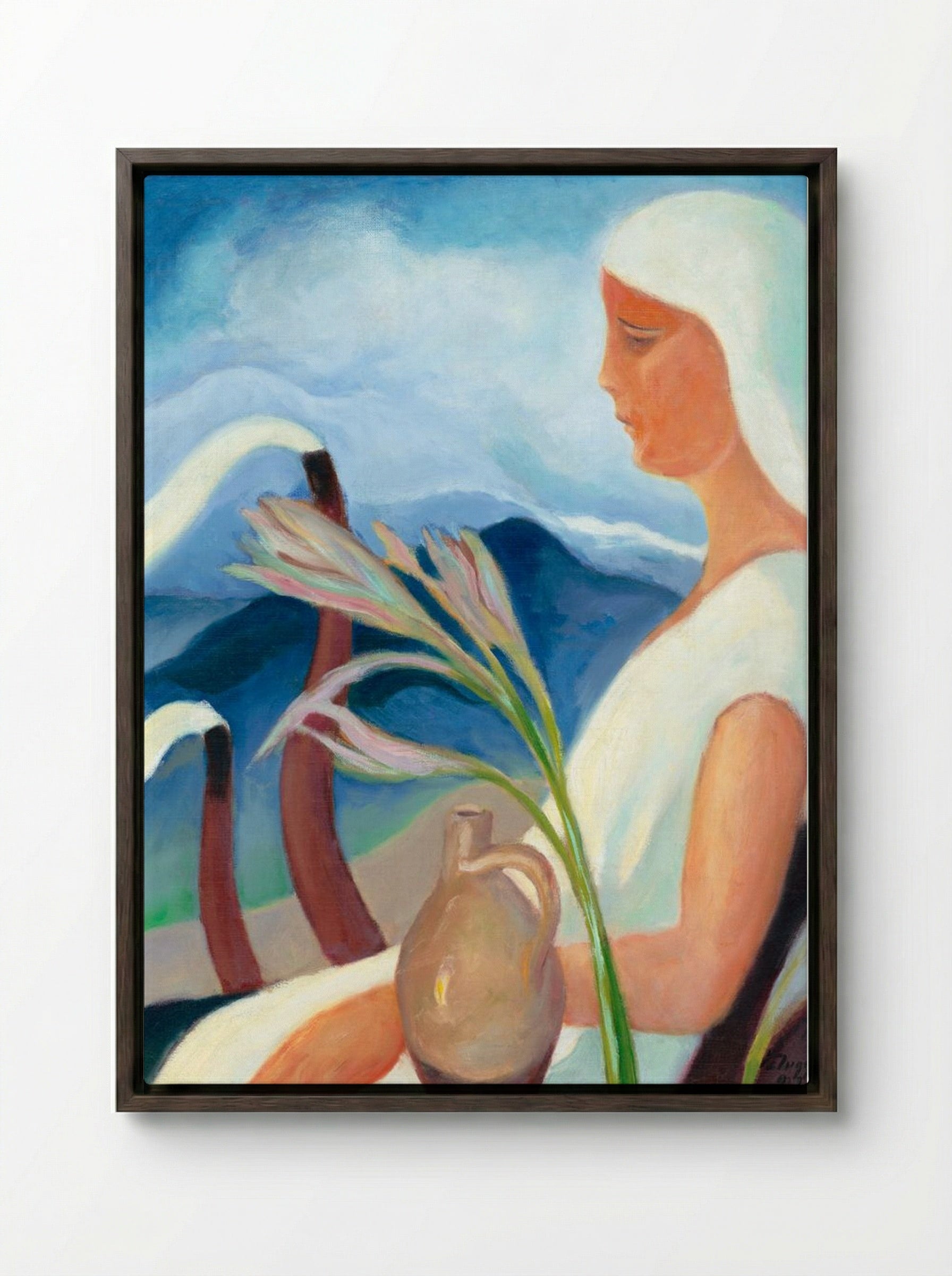 Girl in White with Factory Chimneys and Flowers - Zolo Palugyay - Framed Canvas Dark Wood