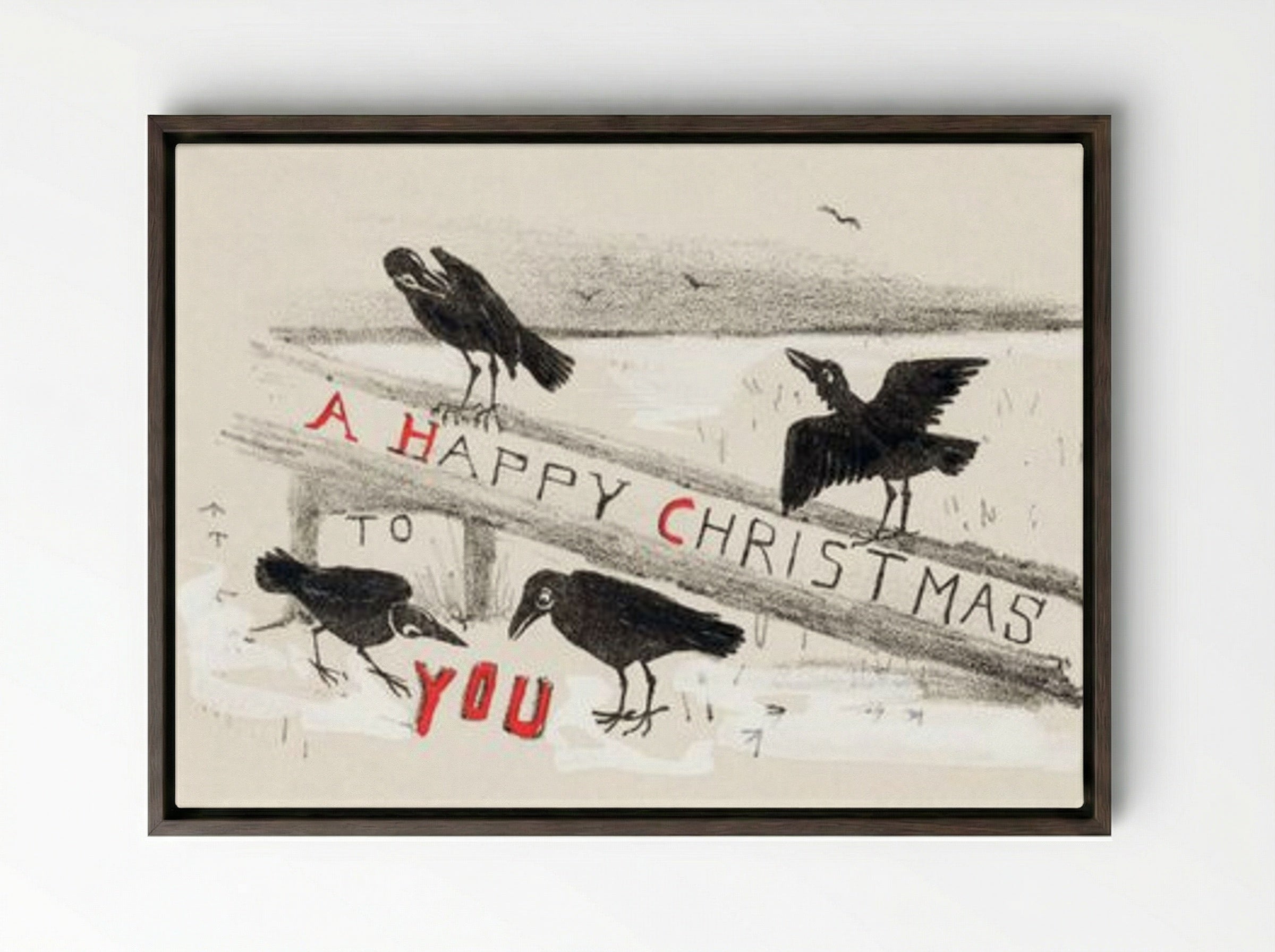 Christmas Card with Four Crows - Theo van Hoytema - Framed Canvas Dark Wood