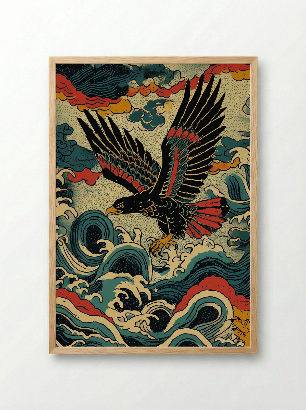 Eagle in Stormy Seas - Japanese Ukiyo-e Inspired Art Print - Framed Print Wood