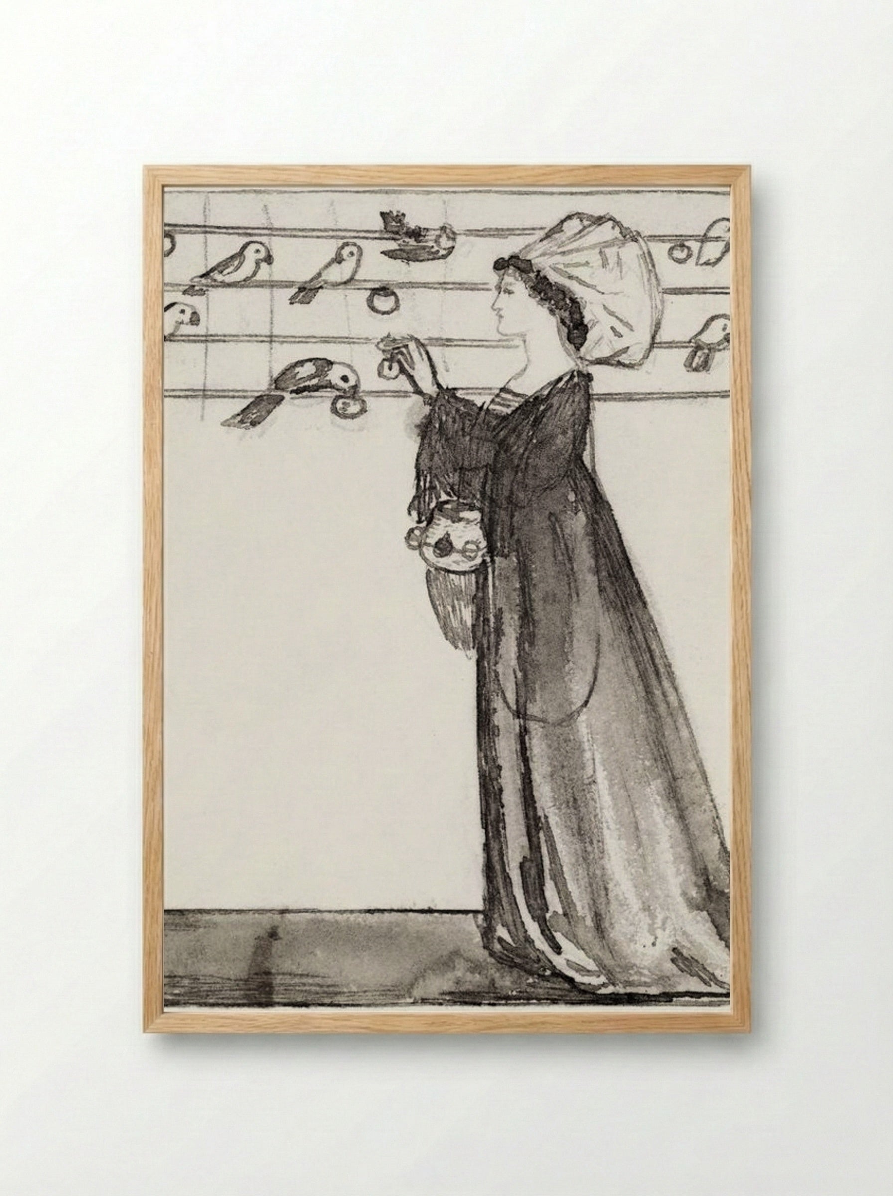 Study of a Lady Feeding Parrots - Edward Burne-Jones - Framed Print Wood