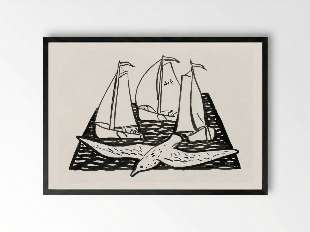 Three Sailing Ships and a Seagull - Leo Gestel - Framed Print Black