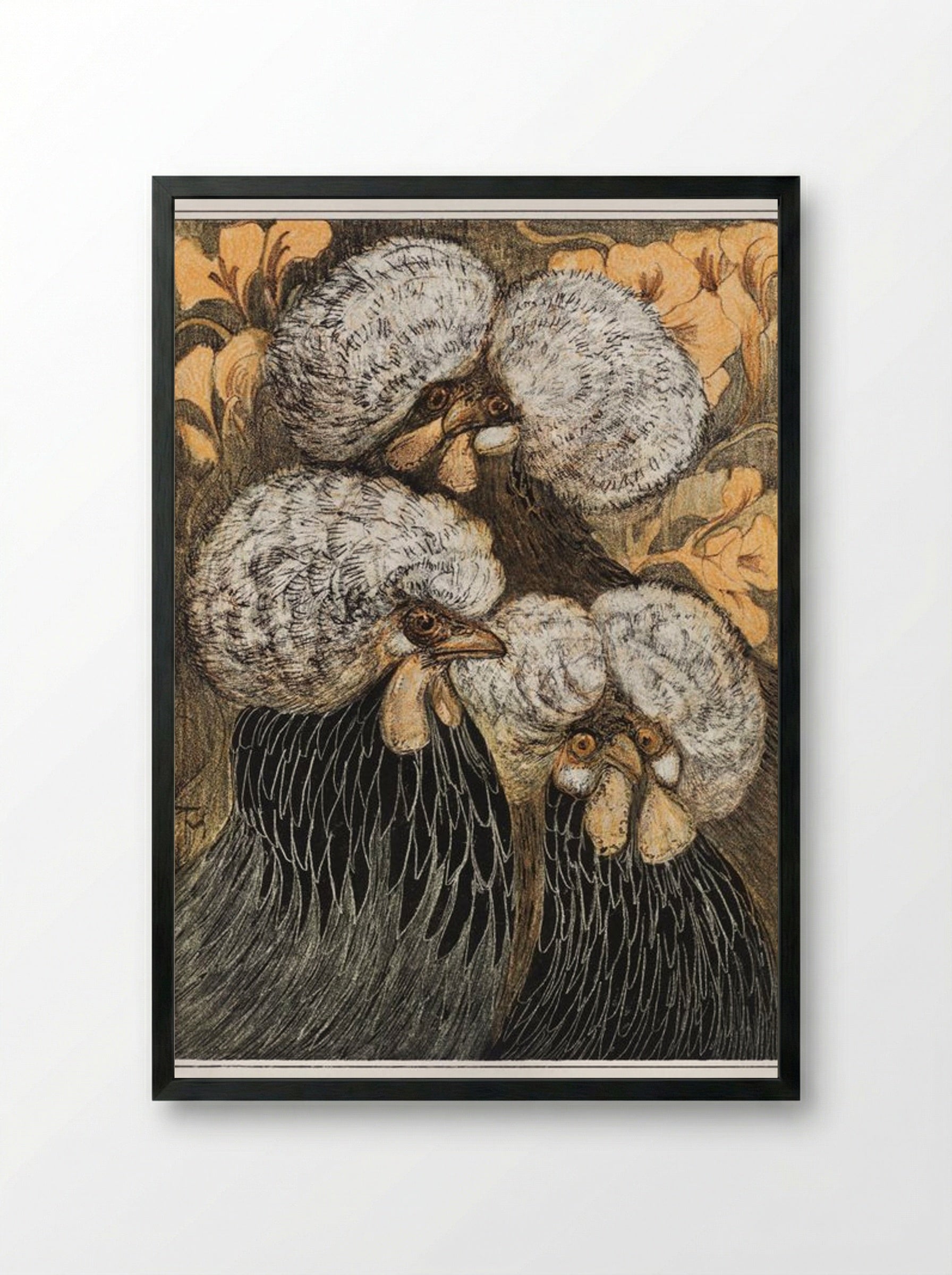 Drie kuifkippen (Three Crested Chickens) - Theo van Hoytema - Framed Print Black