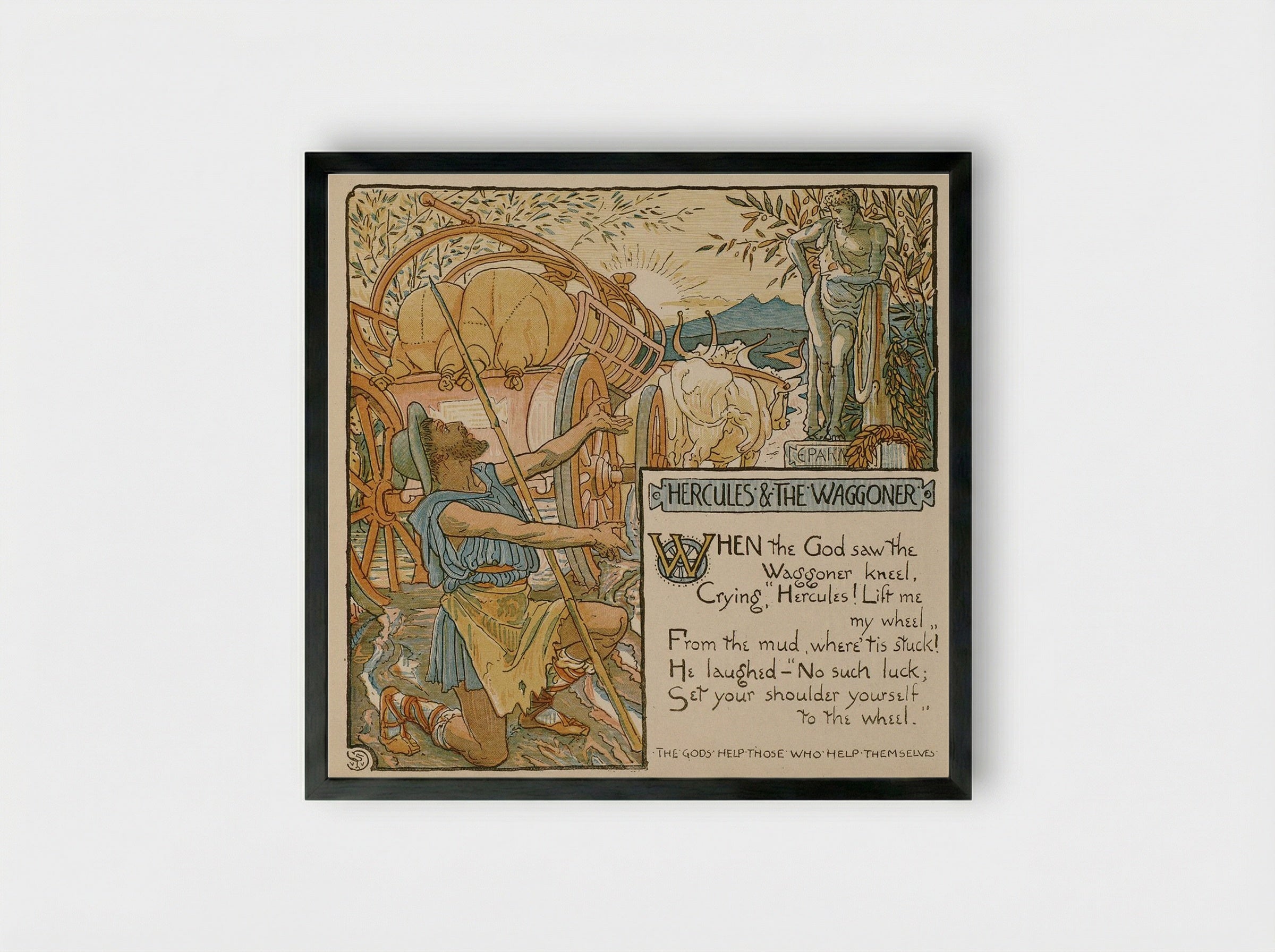 An illustration of the fable of Hercules and the Wagoner - Walter Crane - Framed Print Black