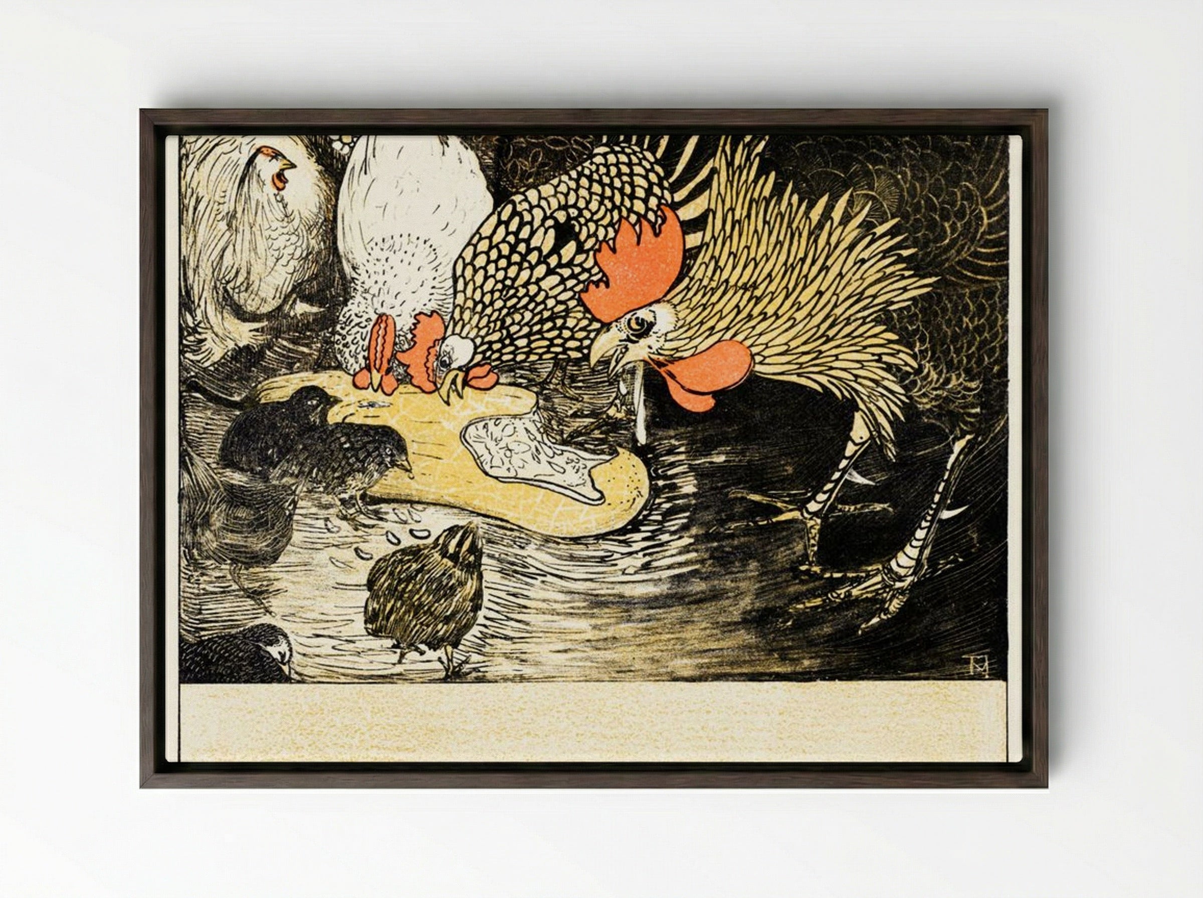 Hen and Chicks - Theo van Hoytema - Framed Canvas Dark Wood