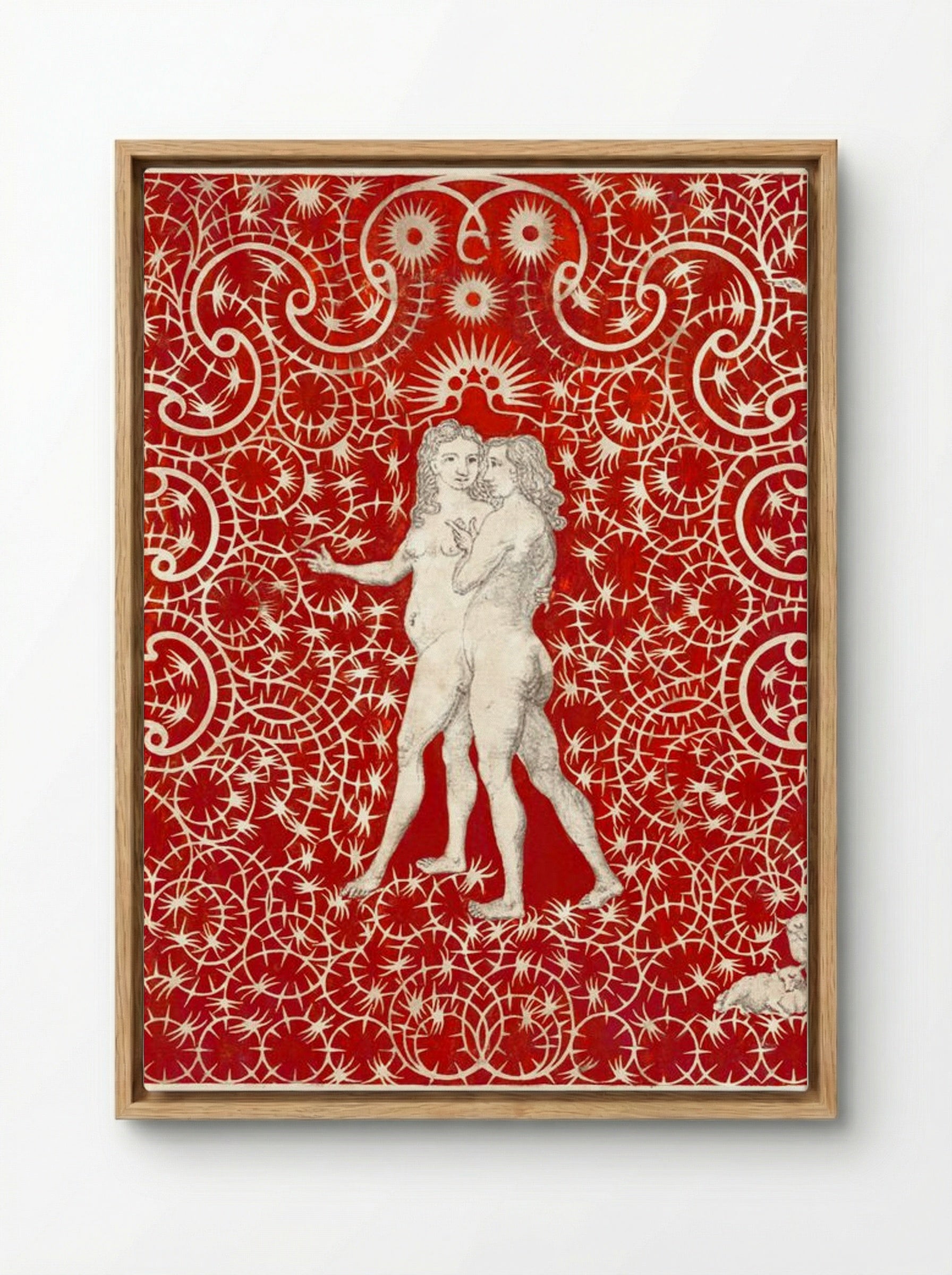 Adam and Eve in the Garden with a Pair of Sheep and a Pair of Doves - Fine Art Print - Framed Canvas Wood