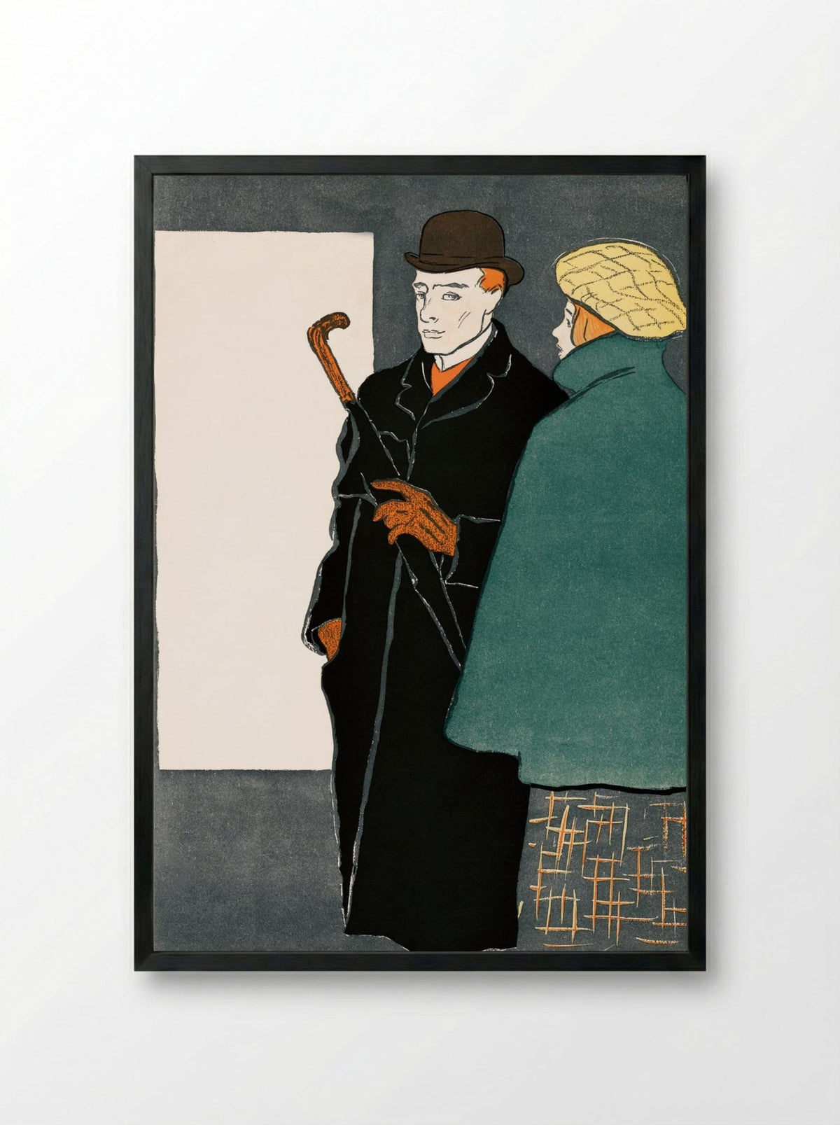 Man with Walking Stick and Woman - Edward Penfield - Framed Print Black