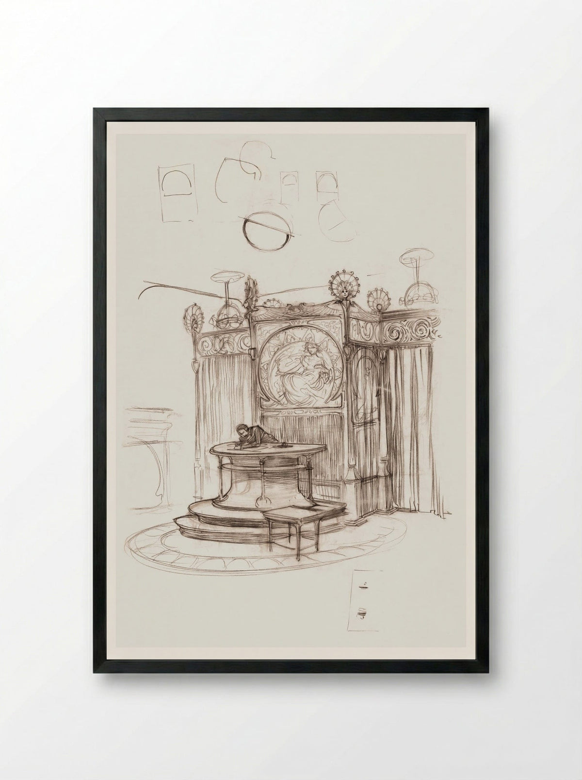 Sketch of an Office Interior - Alphonse Mucha - Framed Print Black