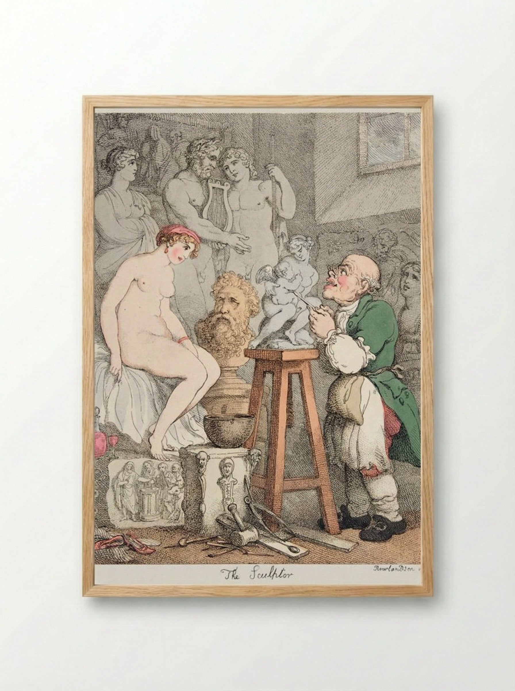 The Sculptor, Preparations for the Academy: Old Joseph Nollekens and his Venus - Thomas Rowlandson - Framed Print Wood