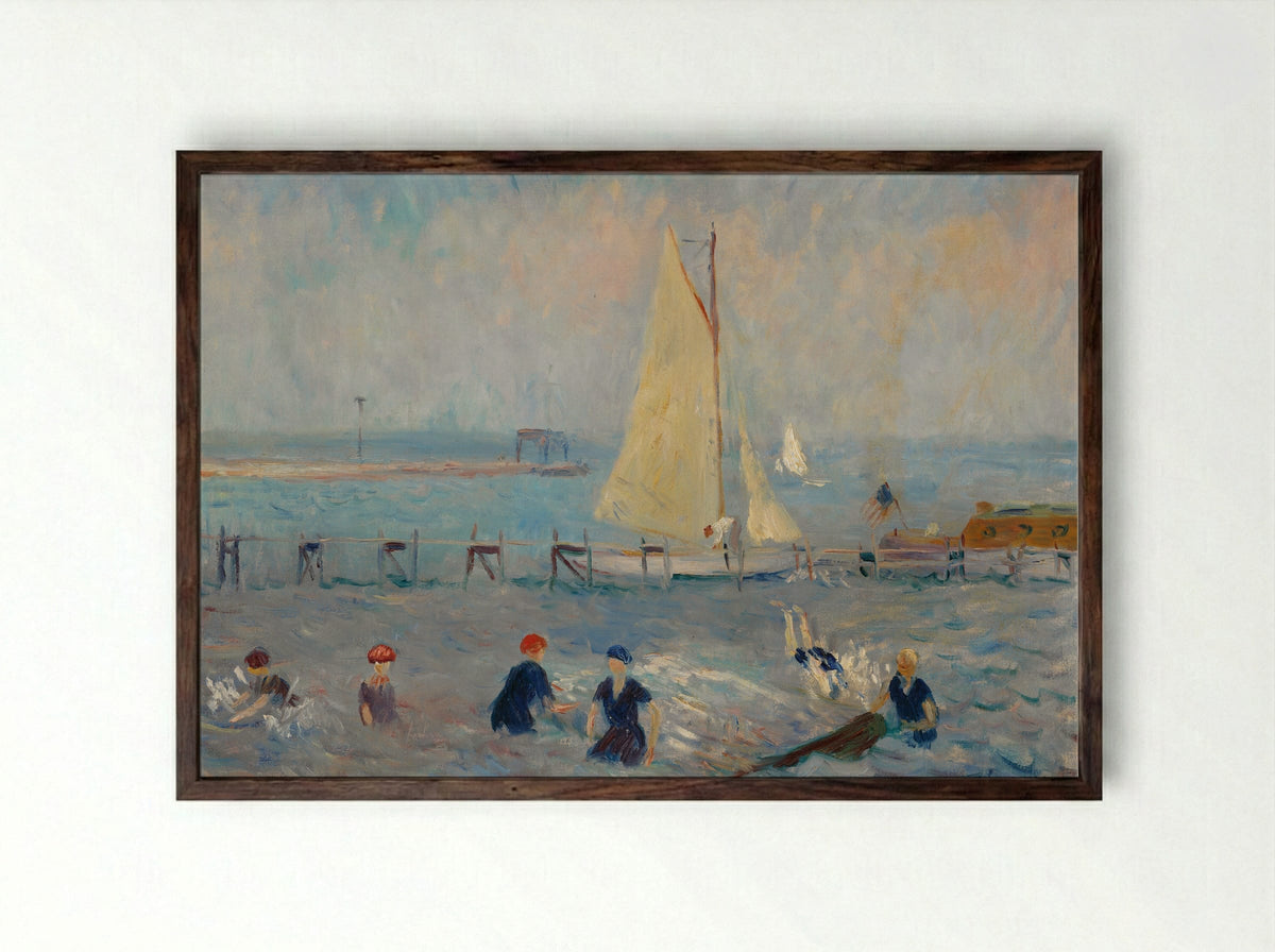 Seascape with Six Bathers, Bellport - William James Glackens - Framed Print Dark Wood