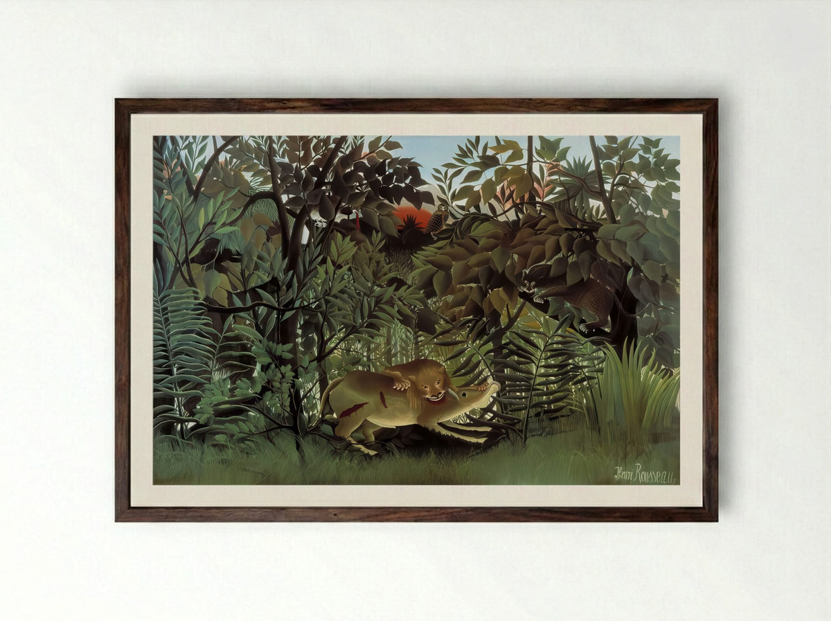 The Hungry Lion Throws Itself on the Antelope by Henri Rousseau – Naïve Art Jungle - Framed Print Dark Wood