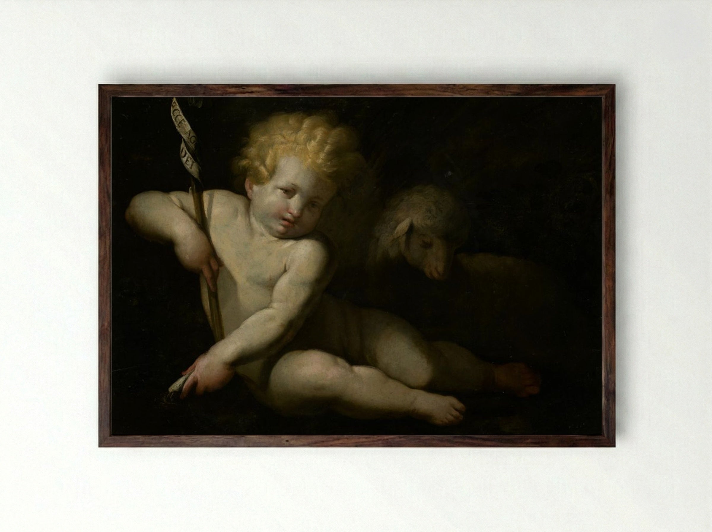 Ecce Agnus Dei (Infant Saint John the Baptist with Lamb) - Bartolomé Esteban Murillo - Framed Print Dark Wood