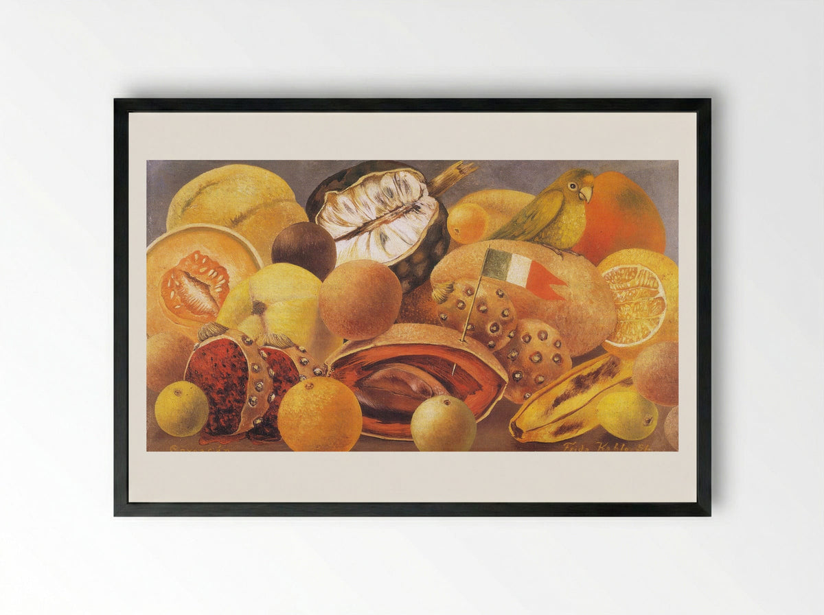 Still Life with Parrot and Flag - Frida Kahlo - Framed Print Black