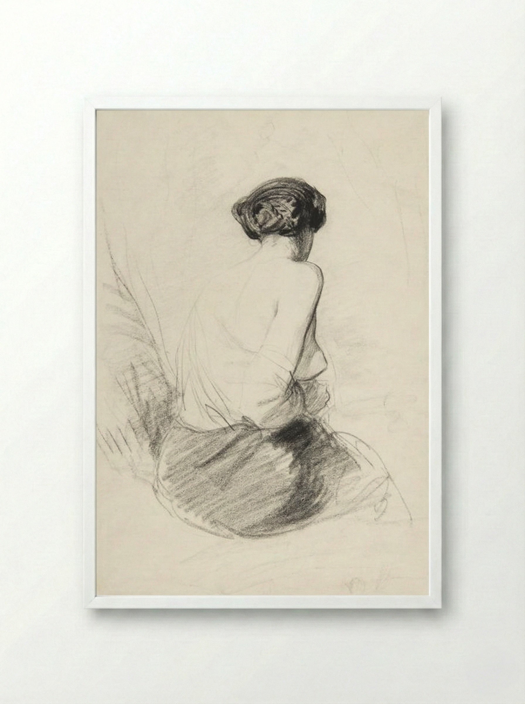 Woman Seated, Seen from Back (Nude Study) - Paul Gavarni - Framed Print White