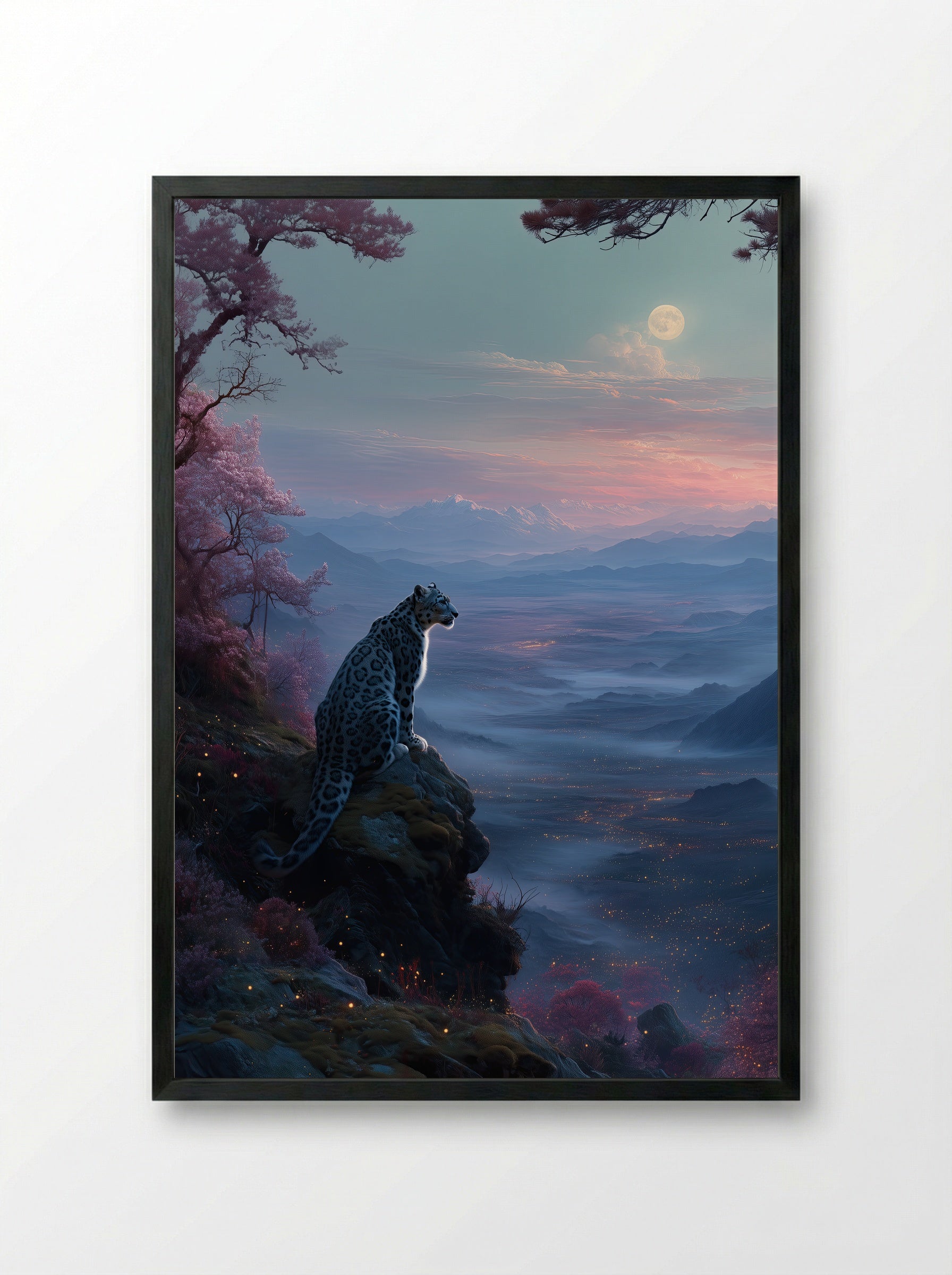 Moonlit Watch – Snow Leopard Print Over Twilight Mountain Valley - Framed Print Black