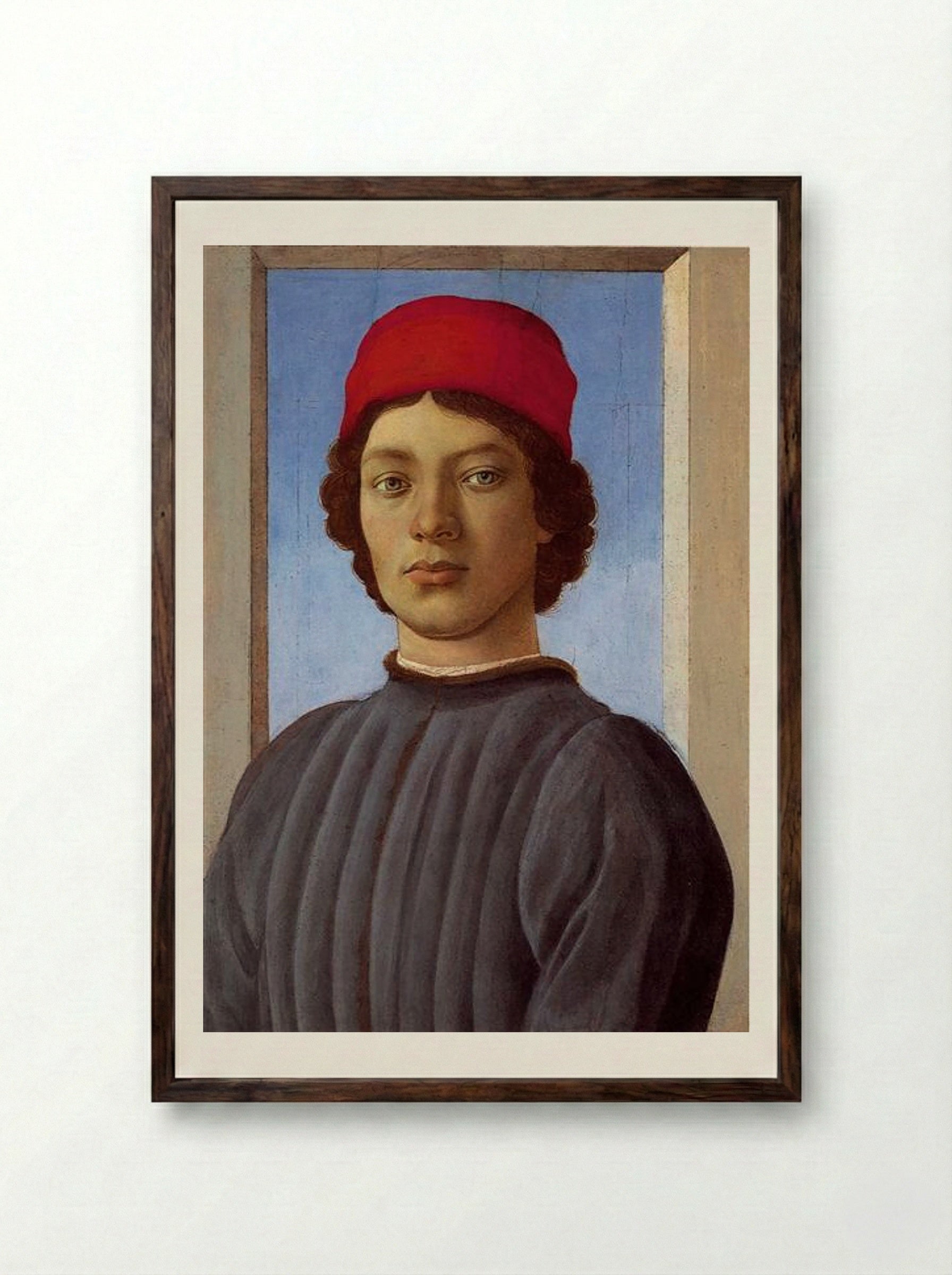 Portrait of a Young Man with Red Cap - Sandro Botticelli - Framed Print Dark Wood