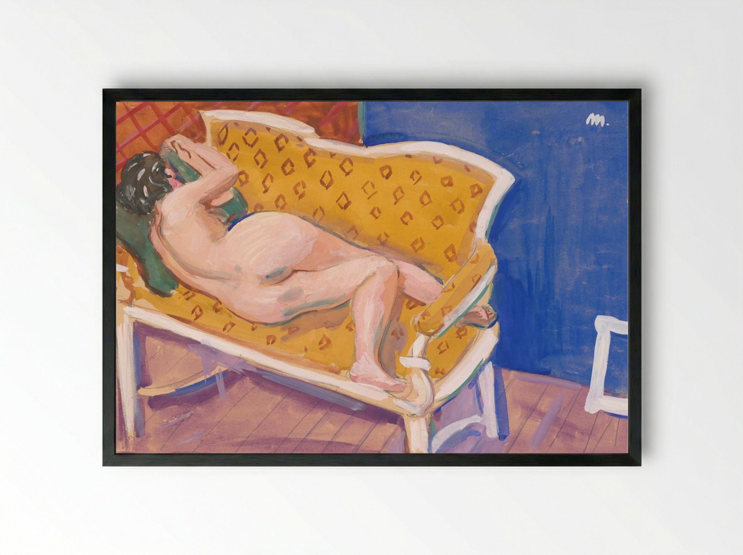 Reclining Nude on Yellow Sofa - Cyprián Majerník - Framed Print Black