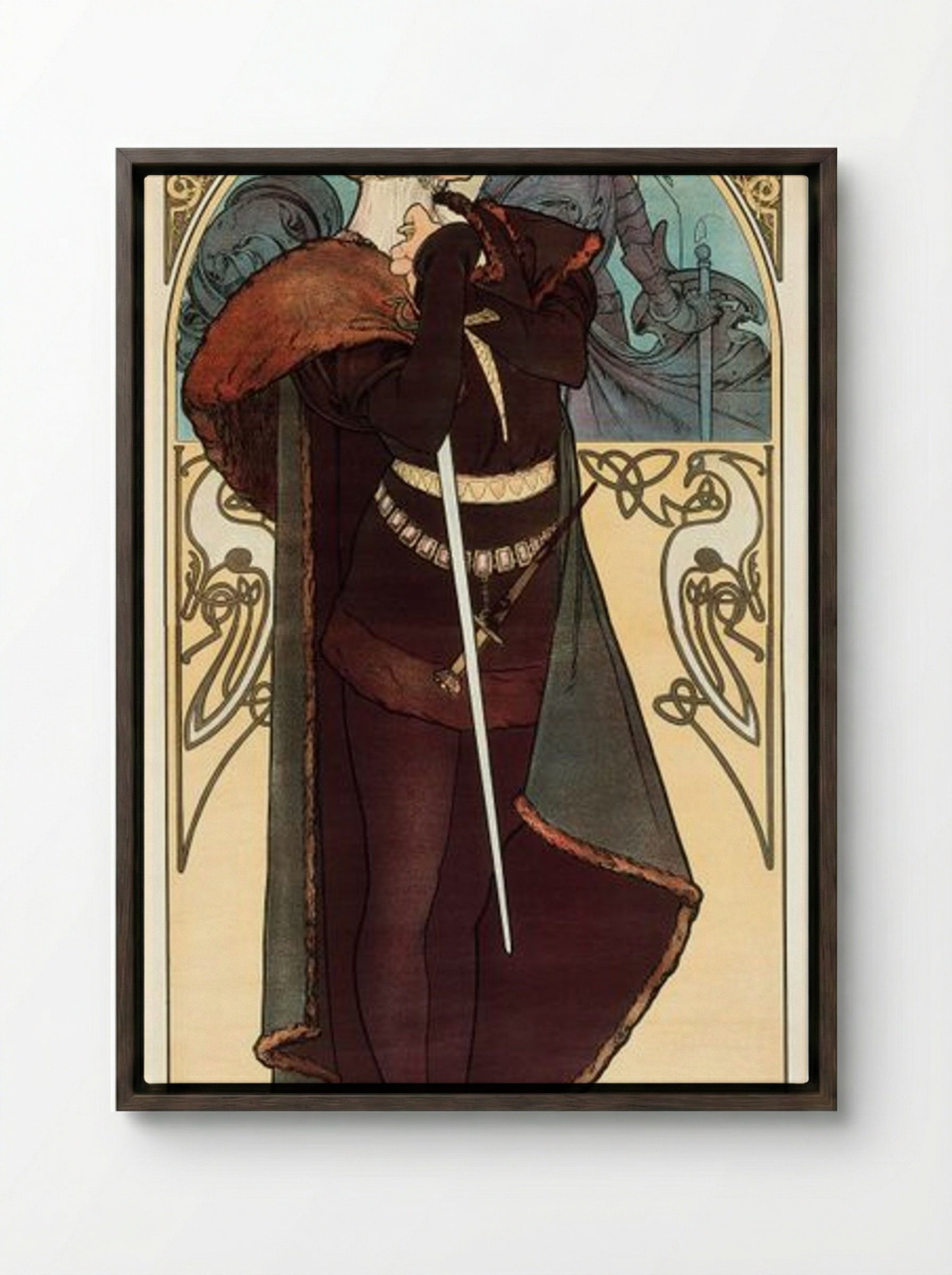 Hamlet, Sarah Bernhardt - Alphonse Mucha - Framed Canvas Dark Wood