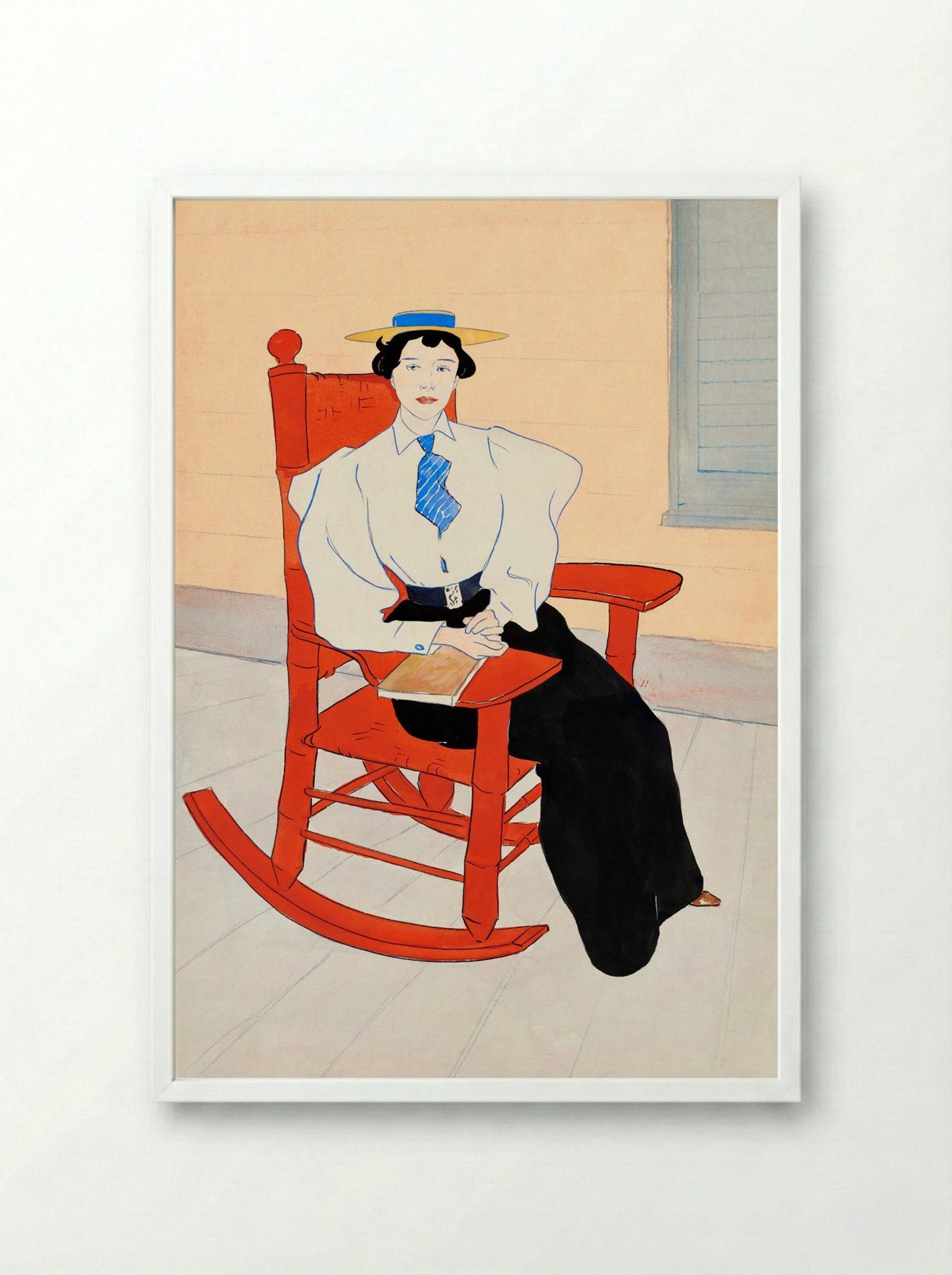 Young Woman Seated in a Red Rocking Chair - Edward Penfield - Framed Print White