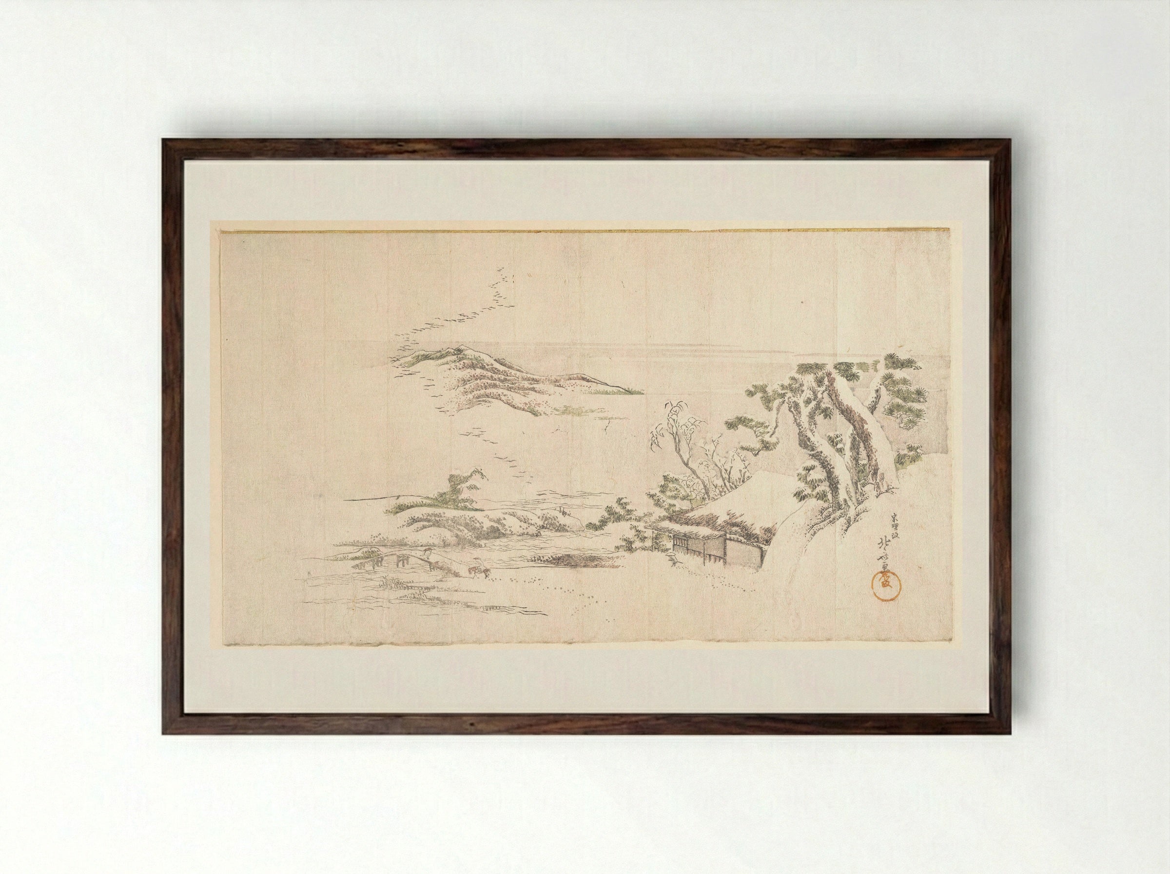 A Snow–clad Landscape with Gray Clouds - Katsushika Hokusai - Framed Print Dark Wood