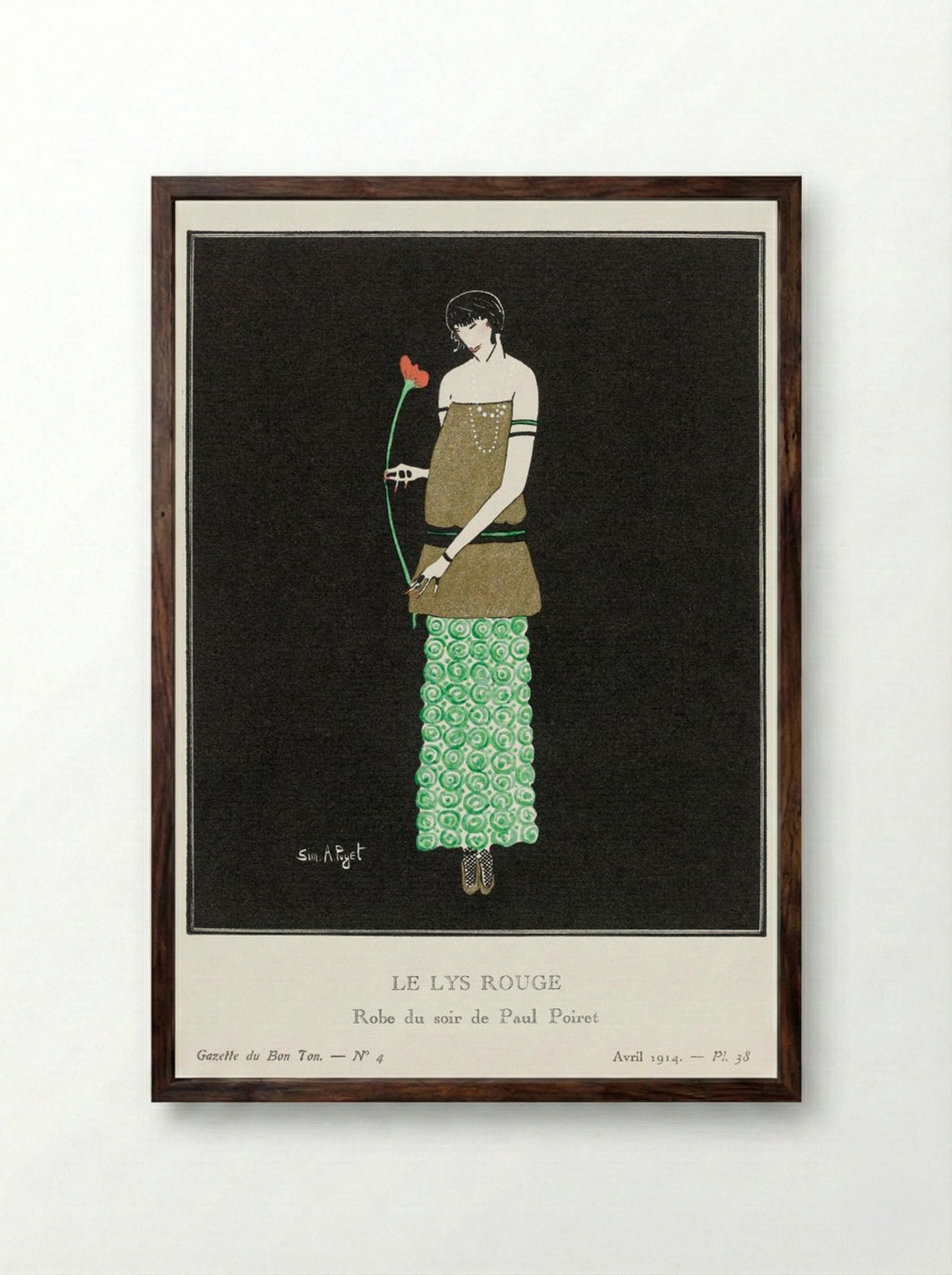 Le Lys Rouge, Robe du Soir de Paul Poiret - Simone A. Puget - Framed Print Dark Wood