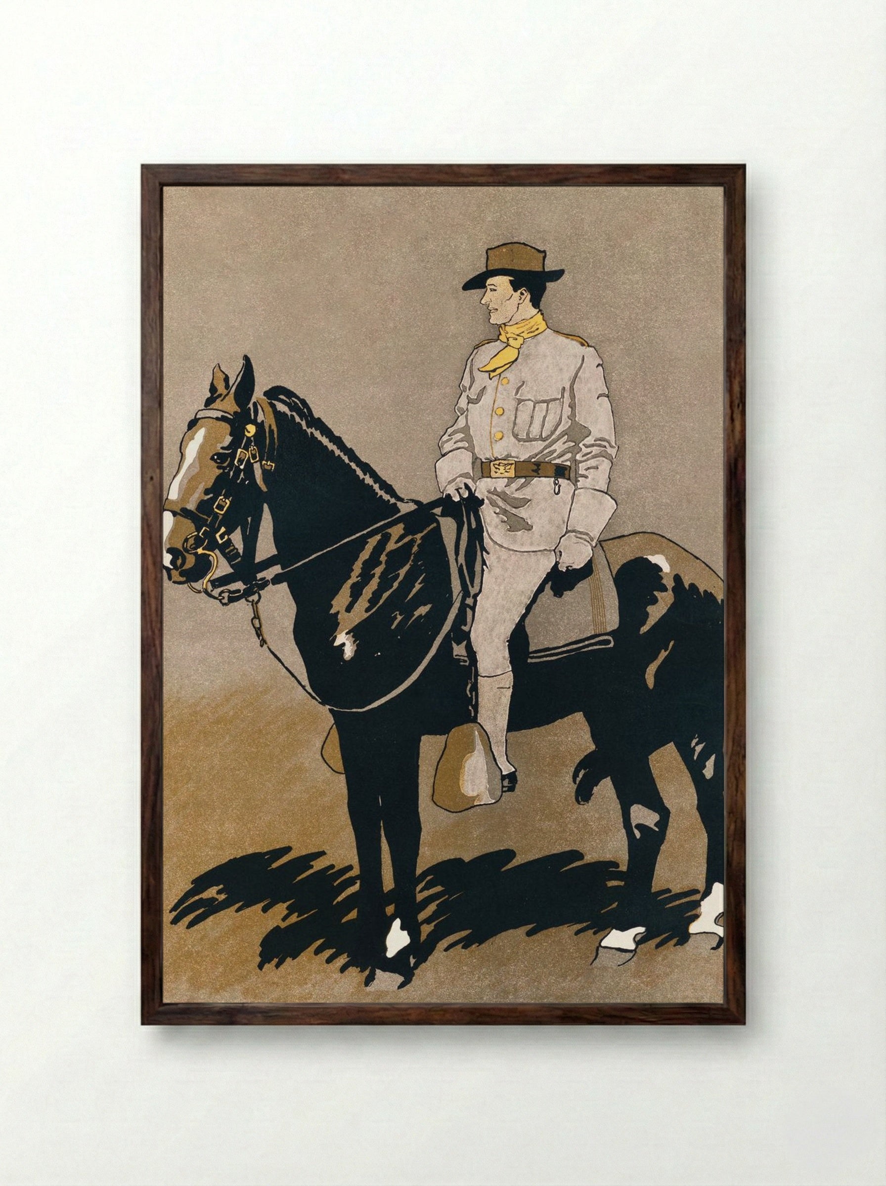 Soldier Riding a Horse - Edward Penfield - Framed Print Dark Wood