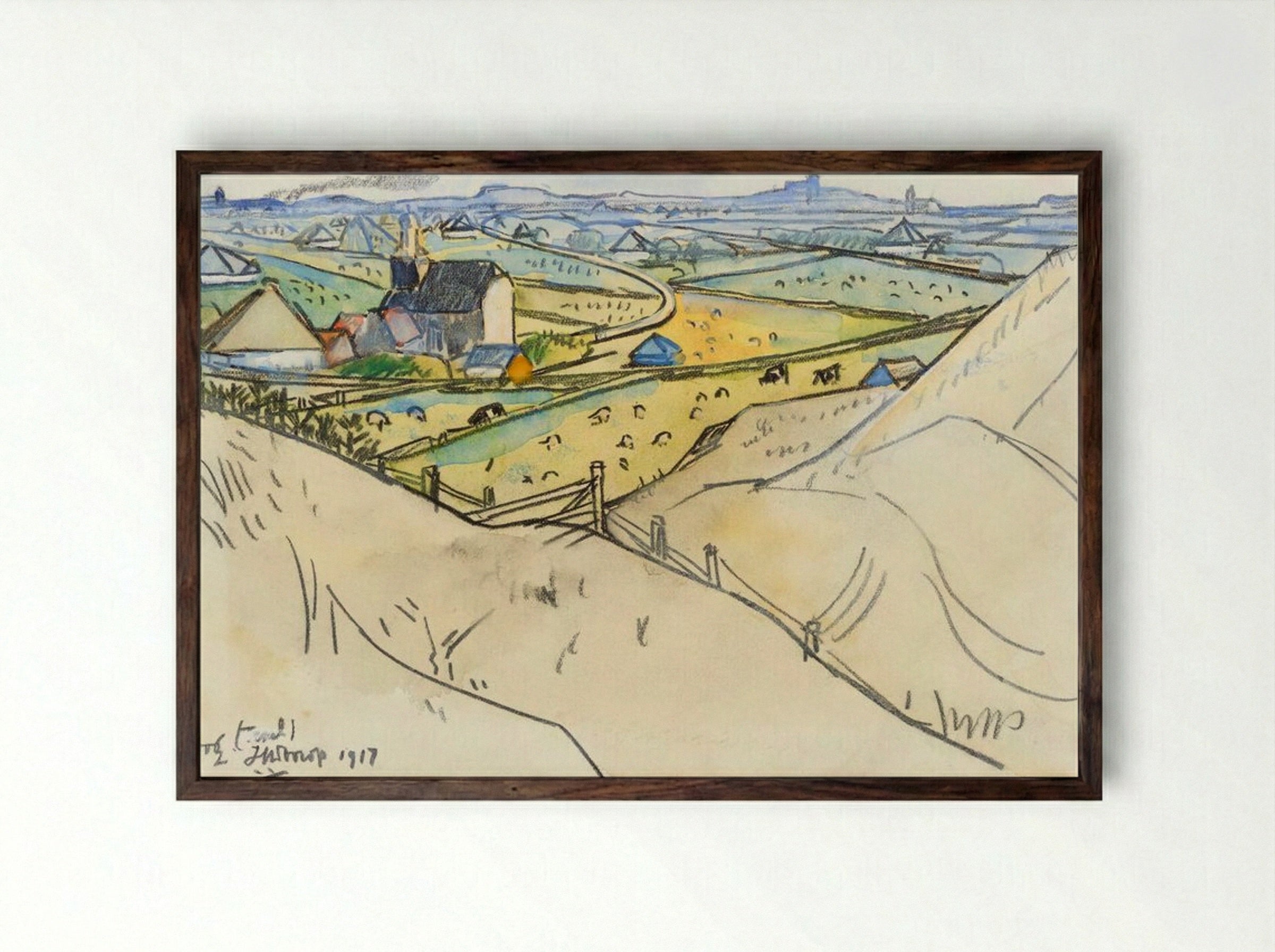 View from the Dunes on Koog in Texel - Jan Toorop - Framed Print Dark Wood