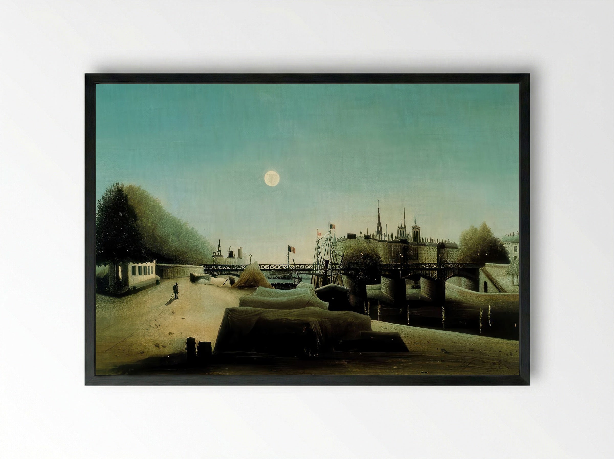 A View of the Île Saint Louis from Port Saint Nicolas at Evening by Henri Rousseau – Naïve Art Paris River Scene Print - Framed Print Black