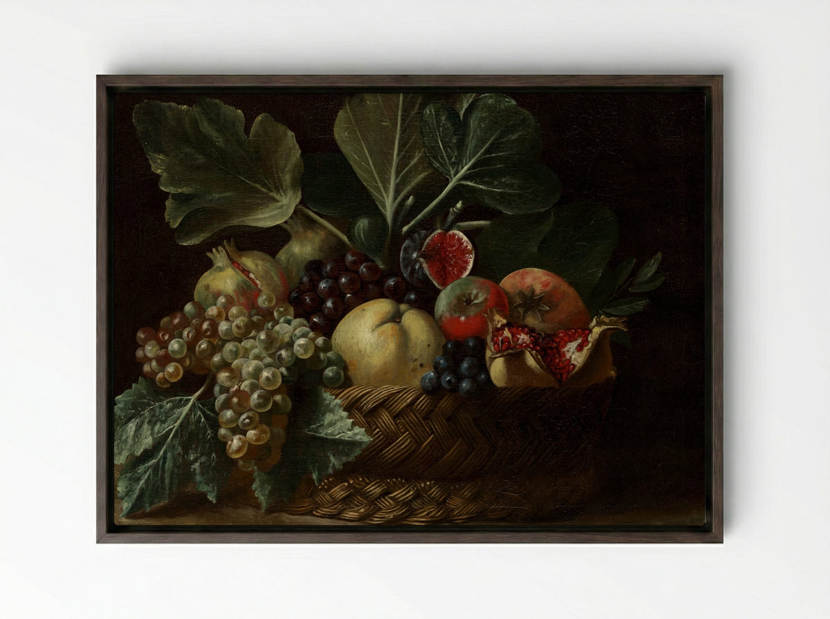 Basket of Fruit - Fine Art Print - Framed Canvas Dark Wood