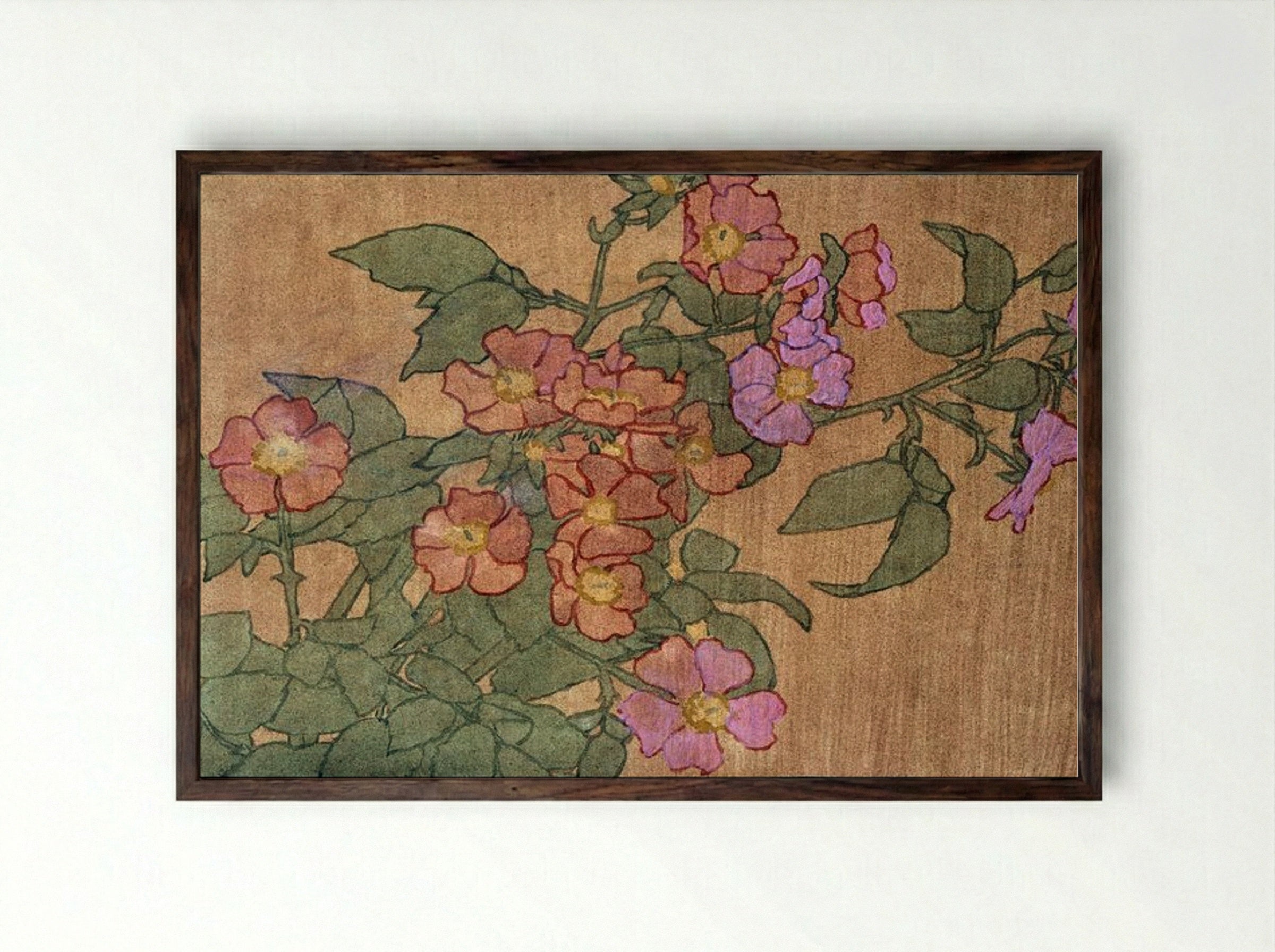 Pink Roses on Terracotta Colour Ground - Hannah Borger Overbeck - Framed Print Dark Wood