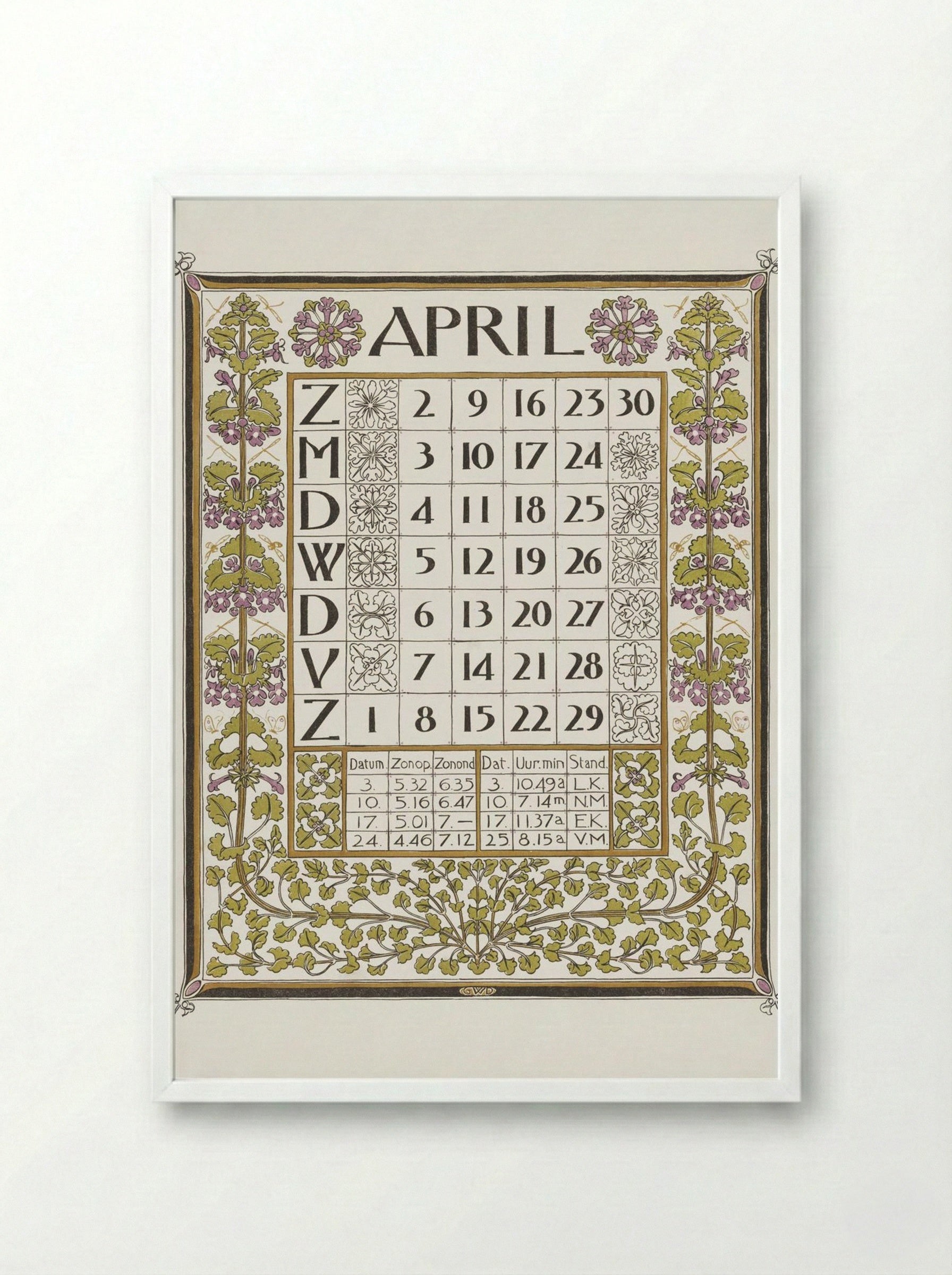 Calendar for April 1899 - Gerrit Willem Dijsselhof - Framed Print White