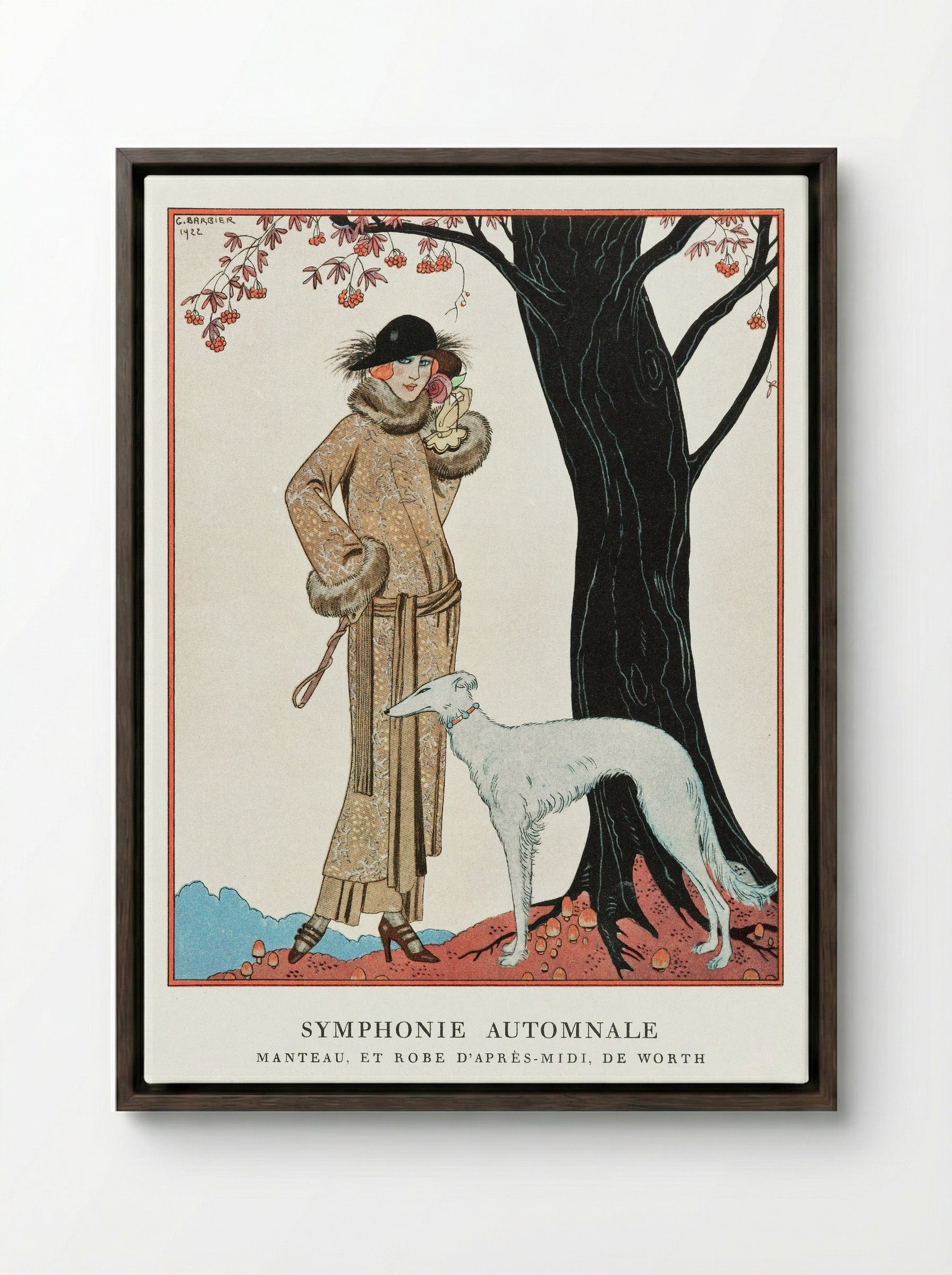 Autumn Symphony: Mantle and Afternoon Dress - George Barbier - Framed Canvas Dark Wood