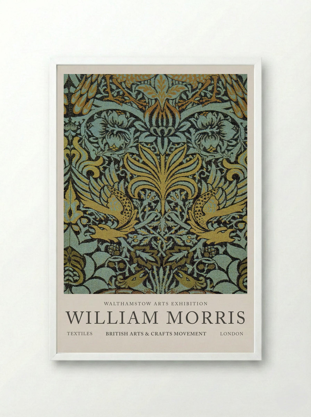 Peacock and Dragon Woven Wool Furnishing Fabric - William Morris - Framed Print White