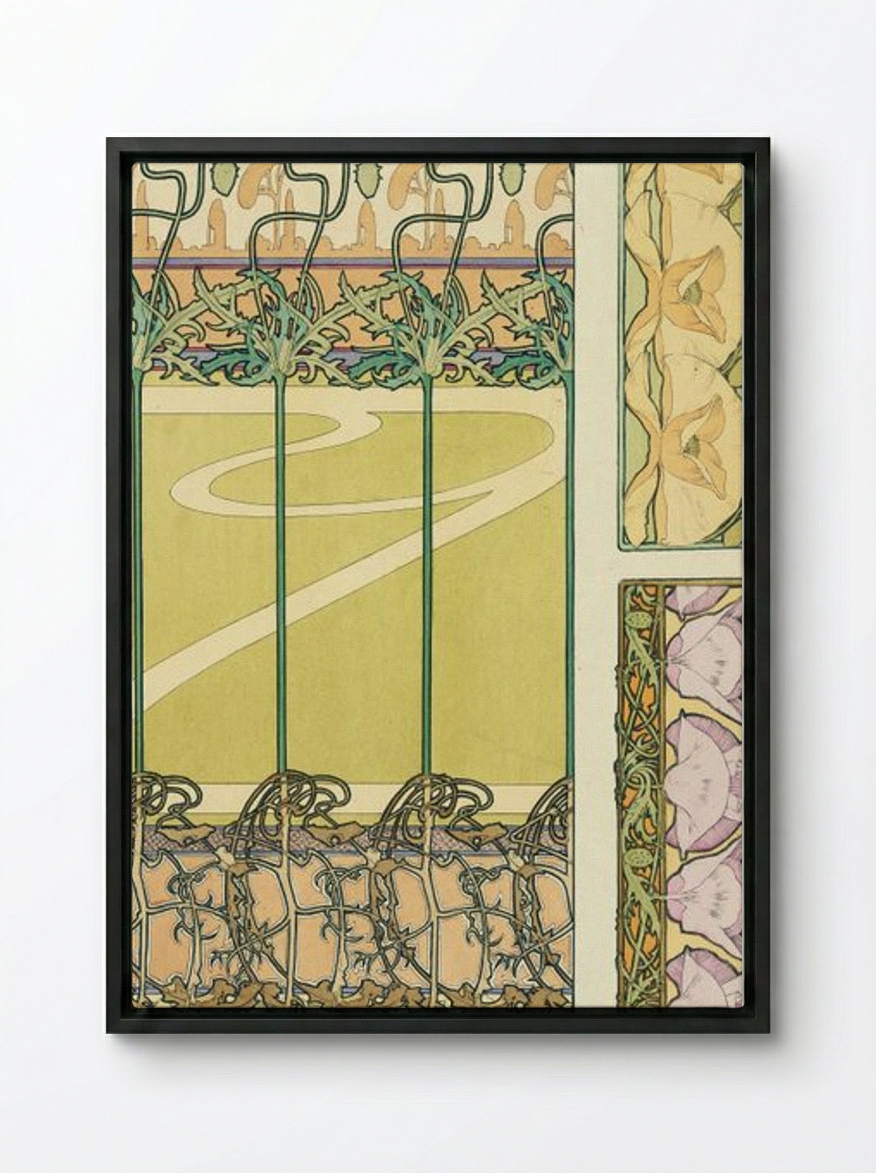 Floral Panel Design with Poppies and Morning Glories - Alphonse Mucha - Framed Canvas Black