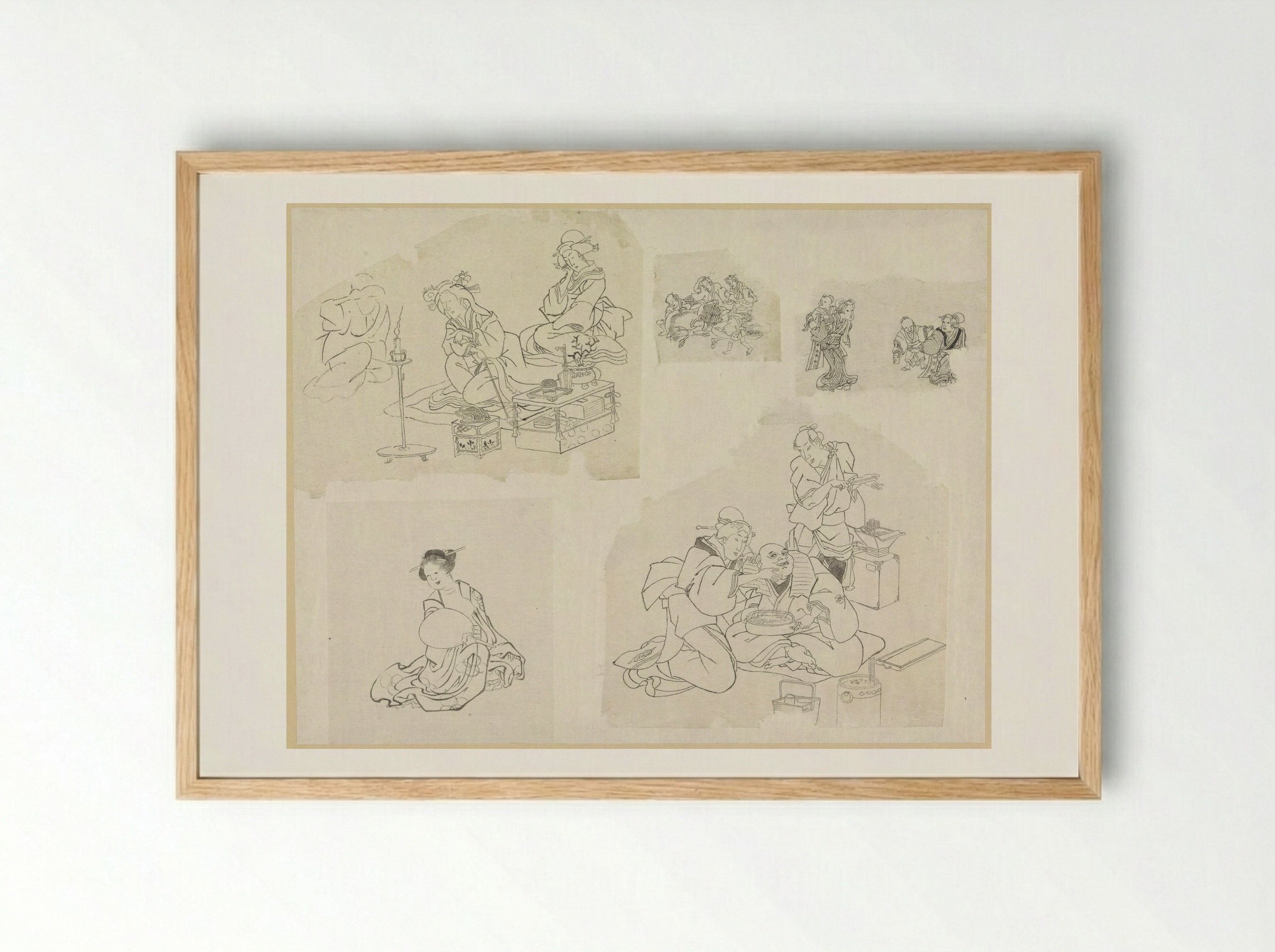 Five Sketches of People in Various Situations - Katsushika Hokusai - Framed Print Wood