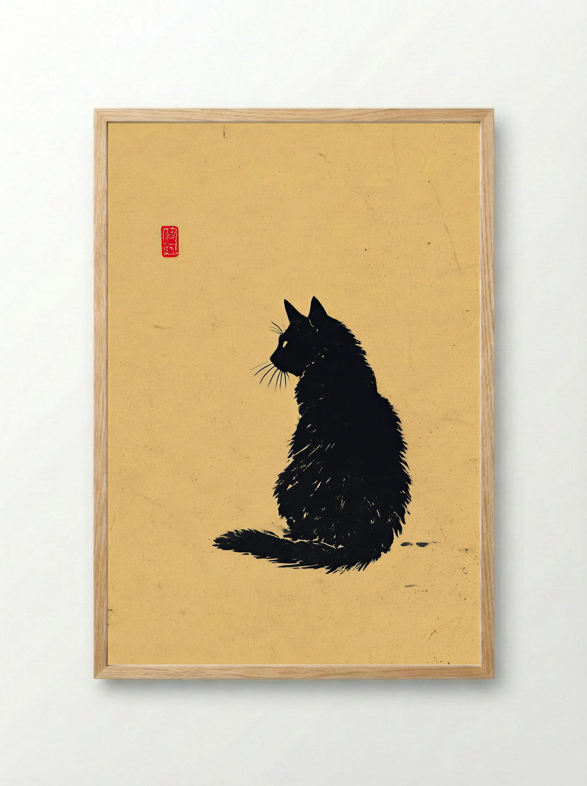 Sumi-e Black Cat – Minimalist Japanese Ink Art Print - Framed Print Wood
