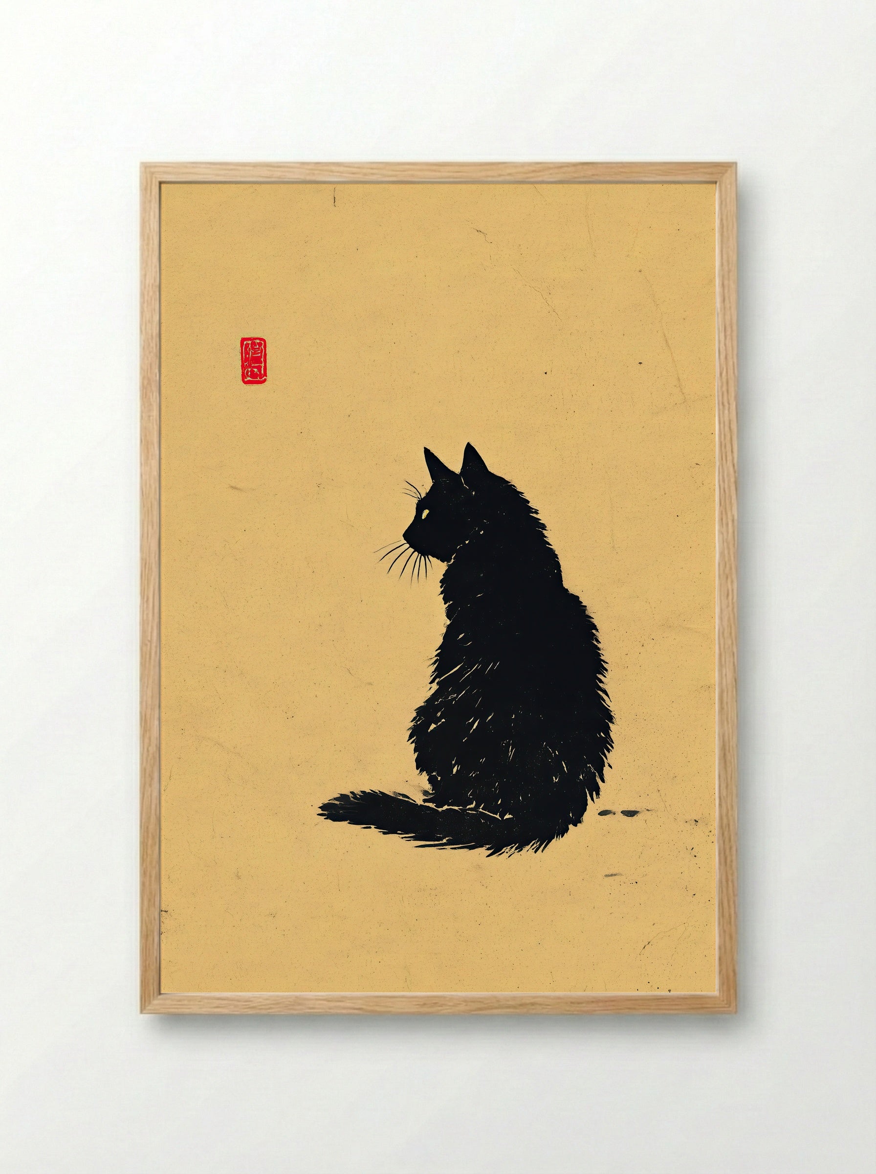 Sumi-e Black Cat – Minimalist Japanese Ink Art Print - Framed Print Wood