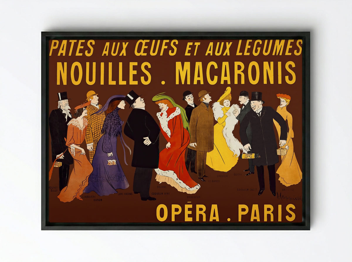 Célébrités tenant des paquets de pâtes (Opera, Paris) - Leonetto Cappiello - Framed Canvas Black