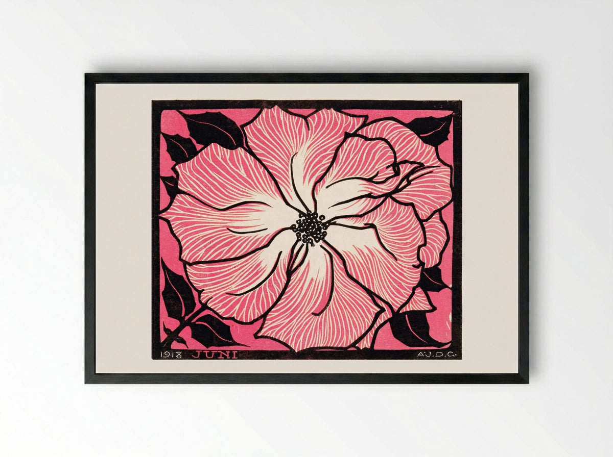 June (Floral Woodcut) - Julie de Graag - Framed Print Black